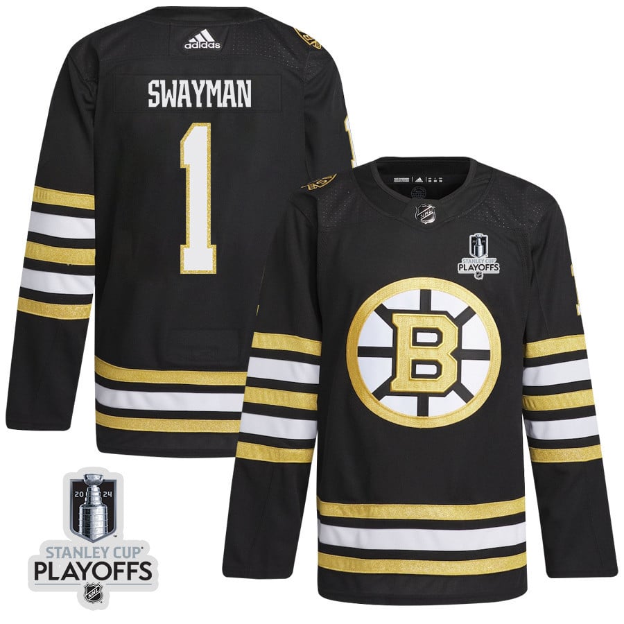 Jeremy Swayman 1 Boston Bruins 2024 NHL Playoffs Patch Home Hockey Jersey - Men, Black - JS591 