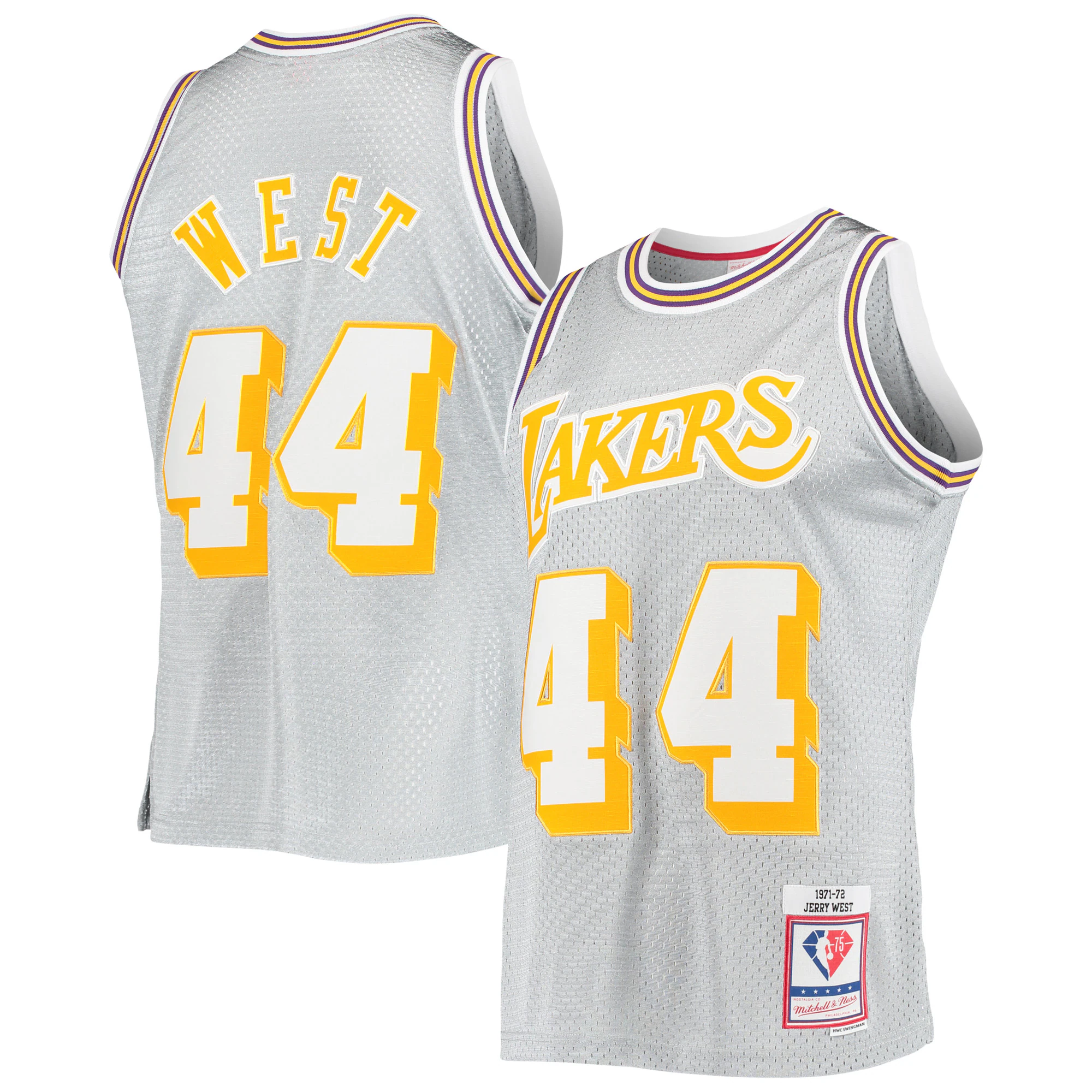 Jerry West Los Angeles Lakers Mitchell & Ness 75th Anniversary 1971/72 Hardwood Classics Swingman Basketball Jersey - Silver