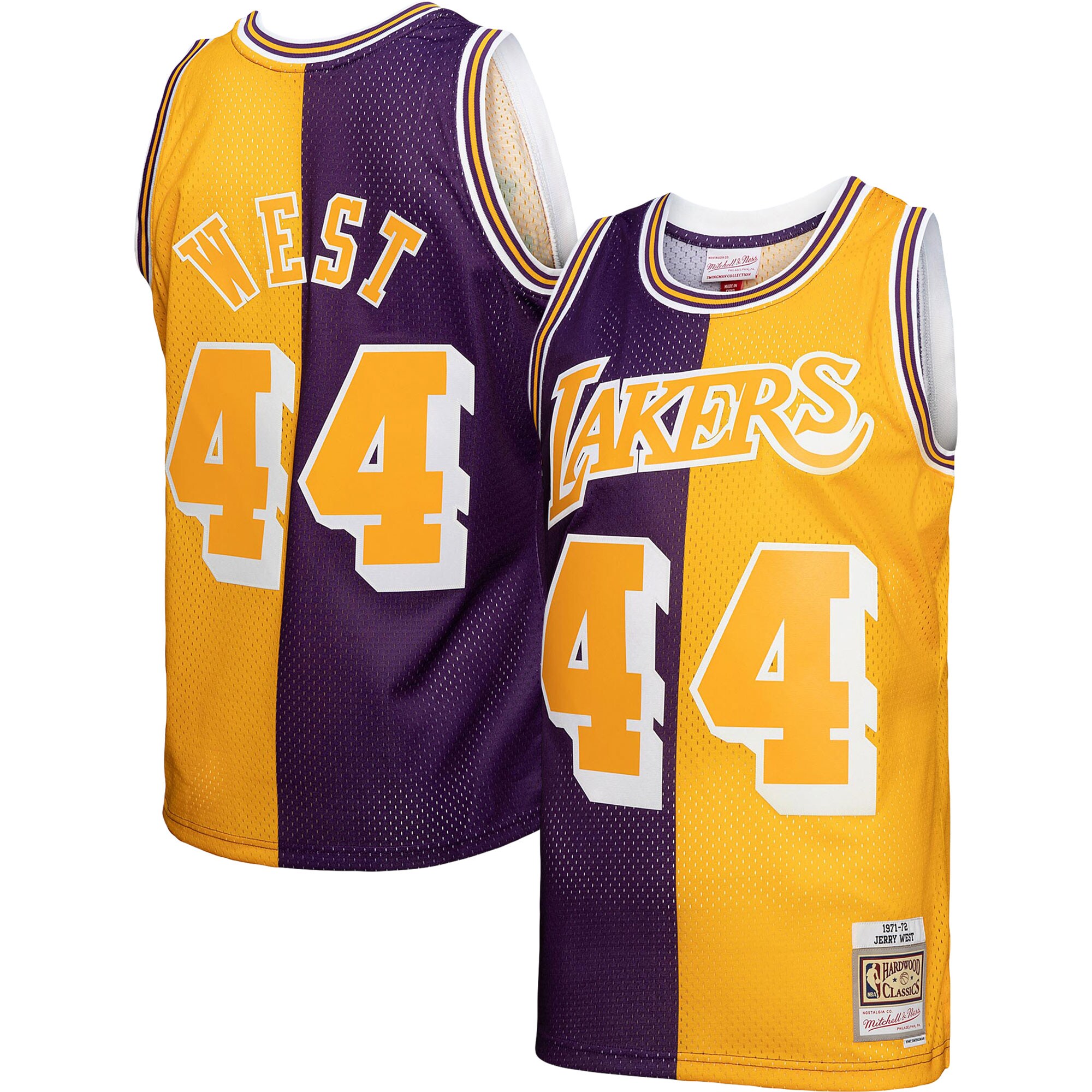 Jerry West Los Angeles Lakers Mitchell & Ness Hardwood Classics 1971/72 Split Swingman Basketball Jersey - Purple/gold