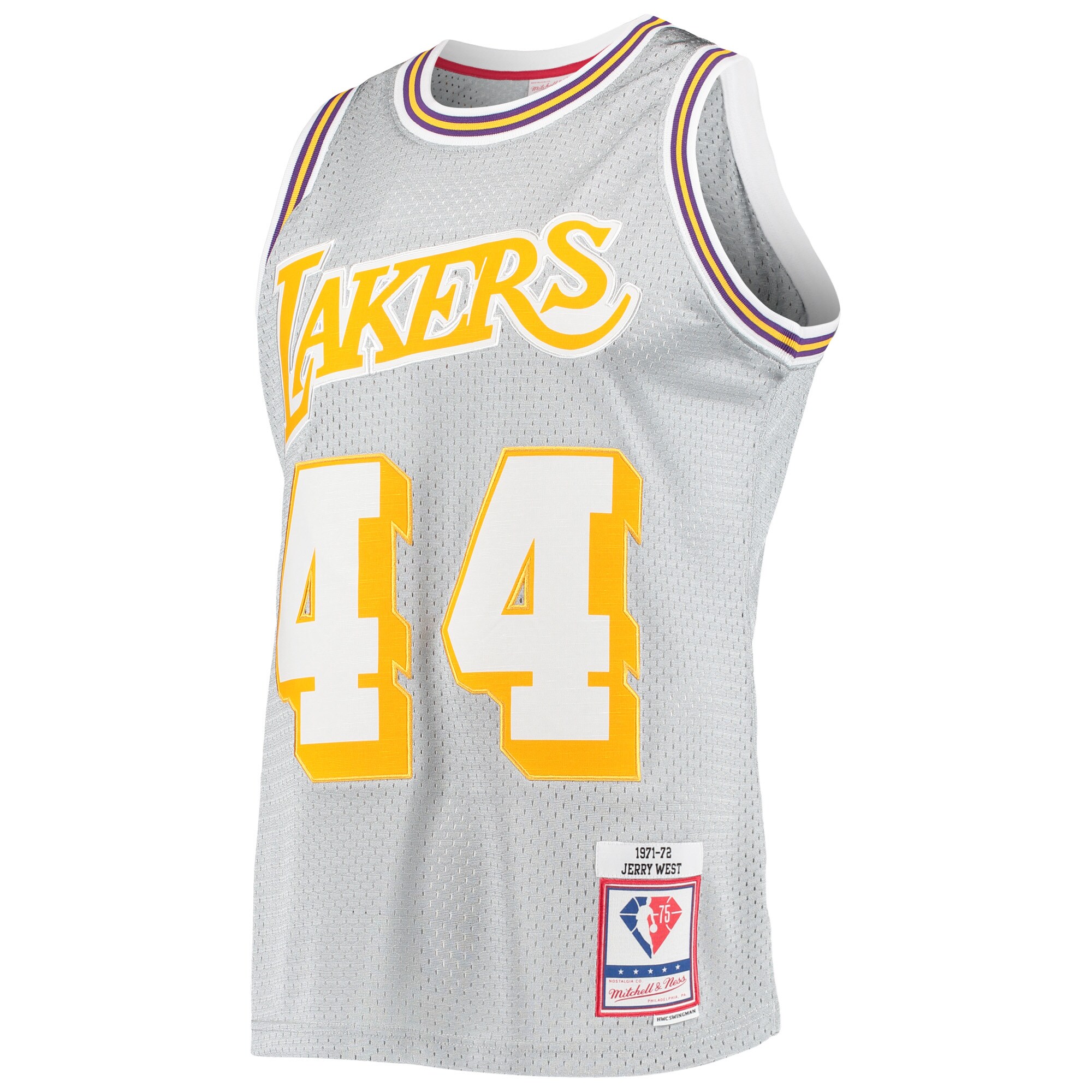 Alternative view of Jerry West Los Angeles Lakers Mitchell & Ness 75th Anniversary 1971/72 Hardwood Classics Swingman Basketball Jersey - Silver