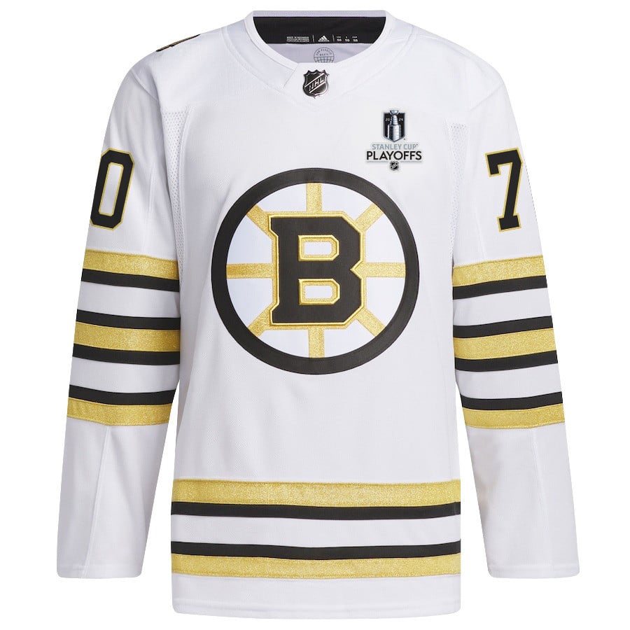 Alternative view of Jesper Boqvist 70 Boston Bruins 2024 NHL Playoffs Patch Away Hockey Jersey - Men, White - JS466 