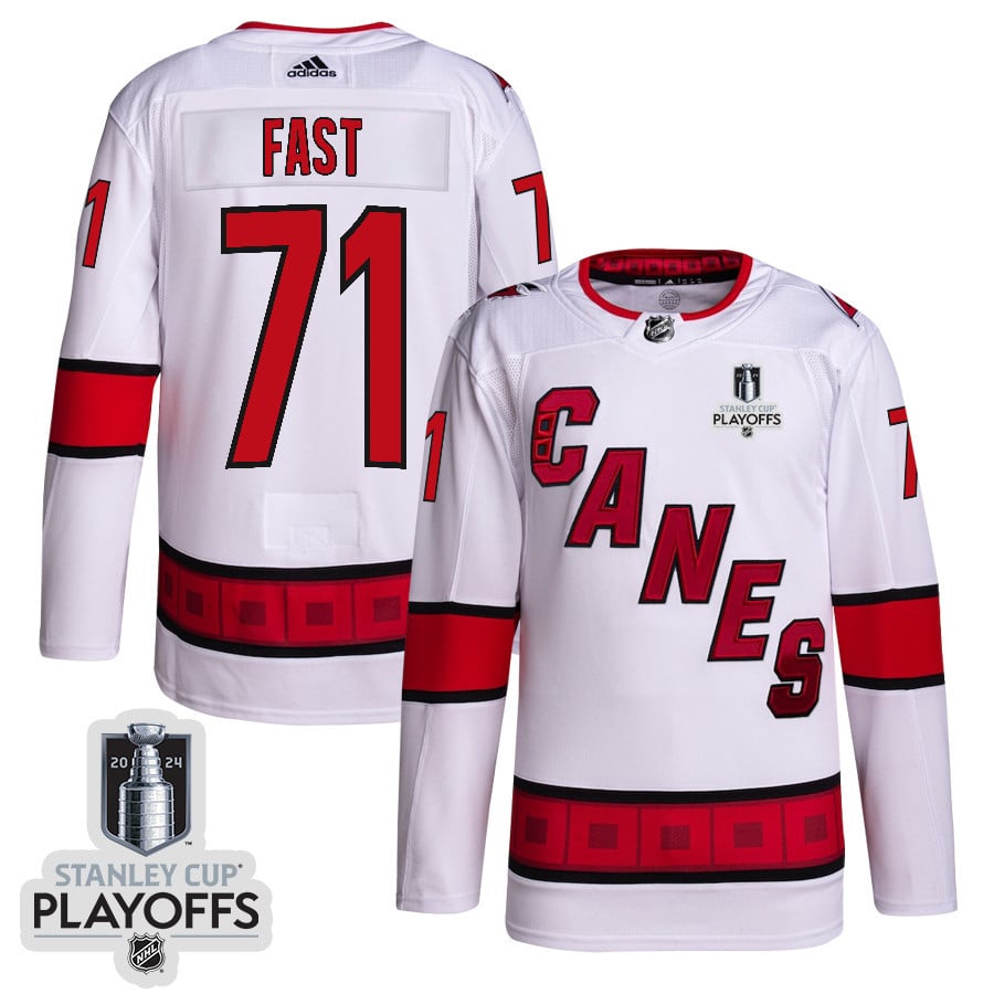 Jesper Fast 71 Carolina Hurricanes 2024 NHL Playoffs Patch Away Hockey Jersey - Men, White - JS253 