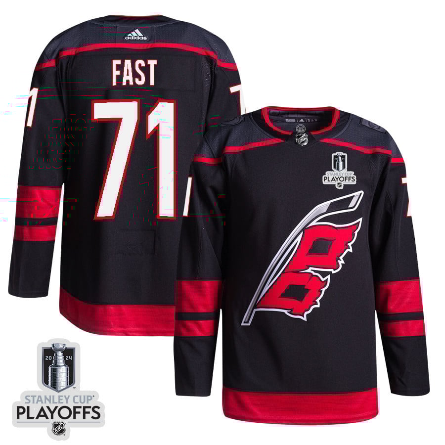 Jesper Fast 71 Carolina Hurricanes 2024 NHL Playoffs Patch Home Hockey Jersey - Men, Black - JS913 