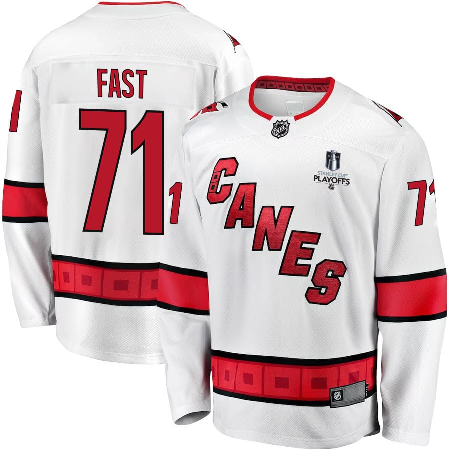 Jesper Fast 71 Carolina Hurricanes Stanley Cup 2023 Playoffs Patch Away Breakaway Men Hockey Jersey - White - JS584 
