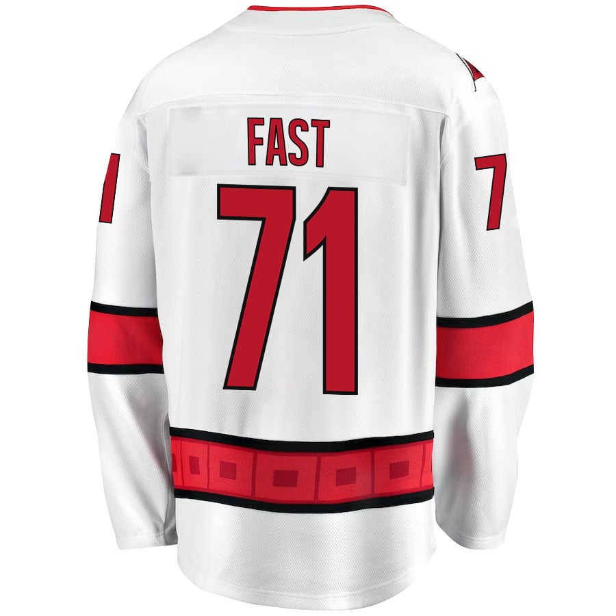 Alternative view of Jesper Fast 71 Carolina Hurricanes Stanley Cup 2023 Playoffs Patch Away Breakaway Men Hockey Jersey - White - JS584 