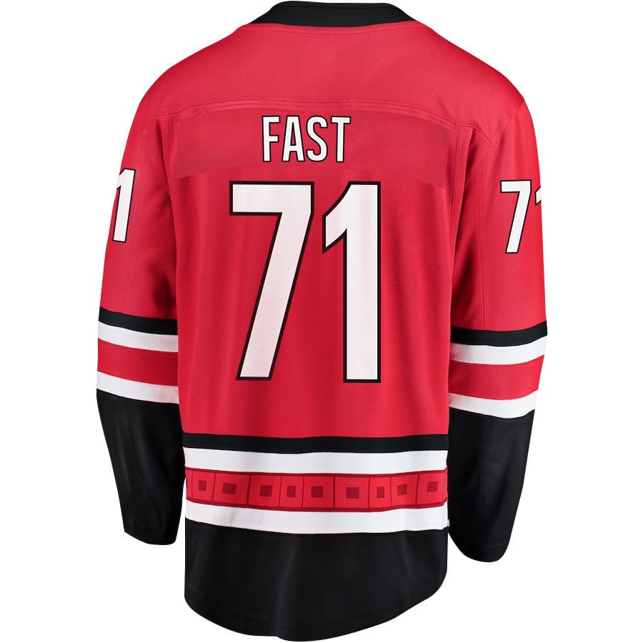 Alternative view of Jesper Fast 71 Carolina Hurricanes Stanley Cup 2023 Playoffs Patch Home Breakaway Men Hockey Jersey - Red - JS510 