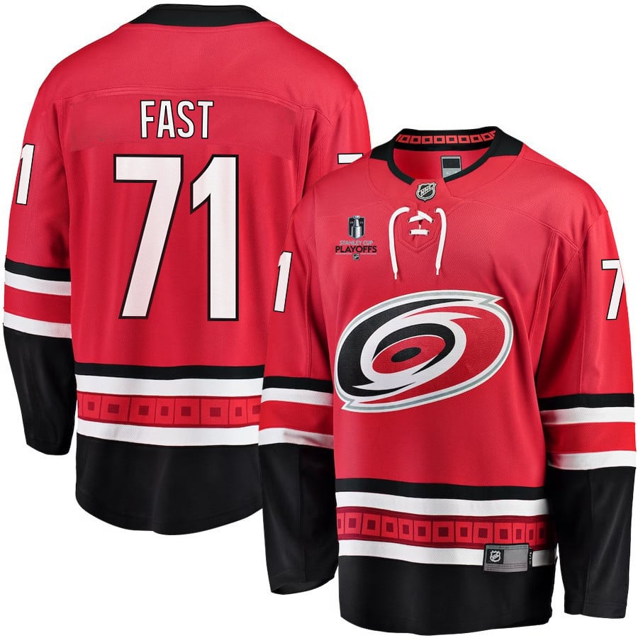 Jesper Fast 71 Carolina Hurricanes Stanley Cup 2023 Playoffs Patch Home Breakaway Men Hockey Jersey - Red - JS510 