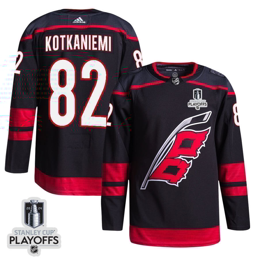 Jesperi Kotkaniemi 82 Carolina Hurricanes 2024 NHL Playoffs Patch Home Hockey Jersey - Men, Black - JS259 