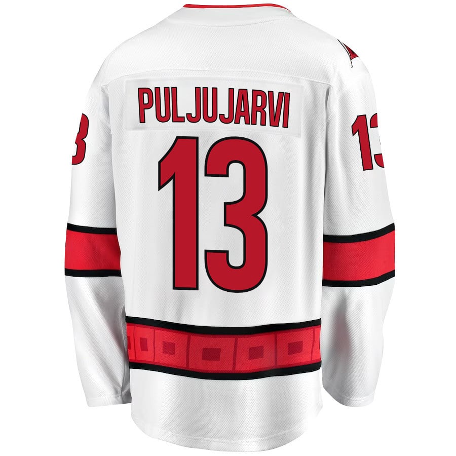 Alternative view of Jesse Puljujarvi 13 Carolina Hurricanes Stanley Cup 2023 Playoffs Patch Away Breakaway Men Hockey Jersey - White - JS651 