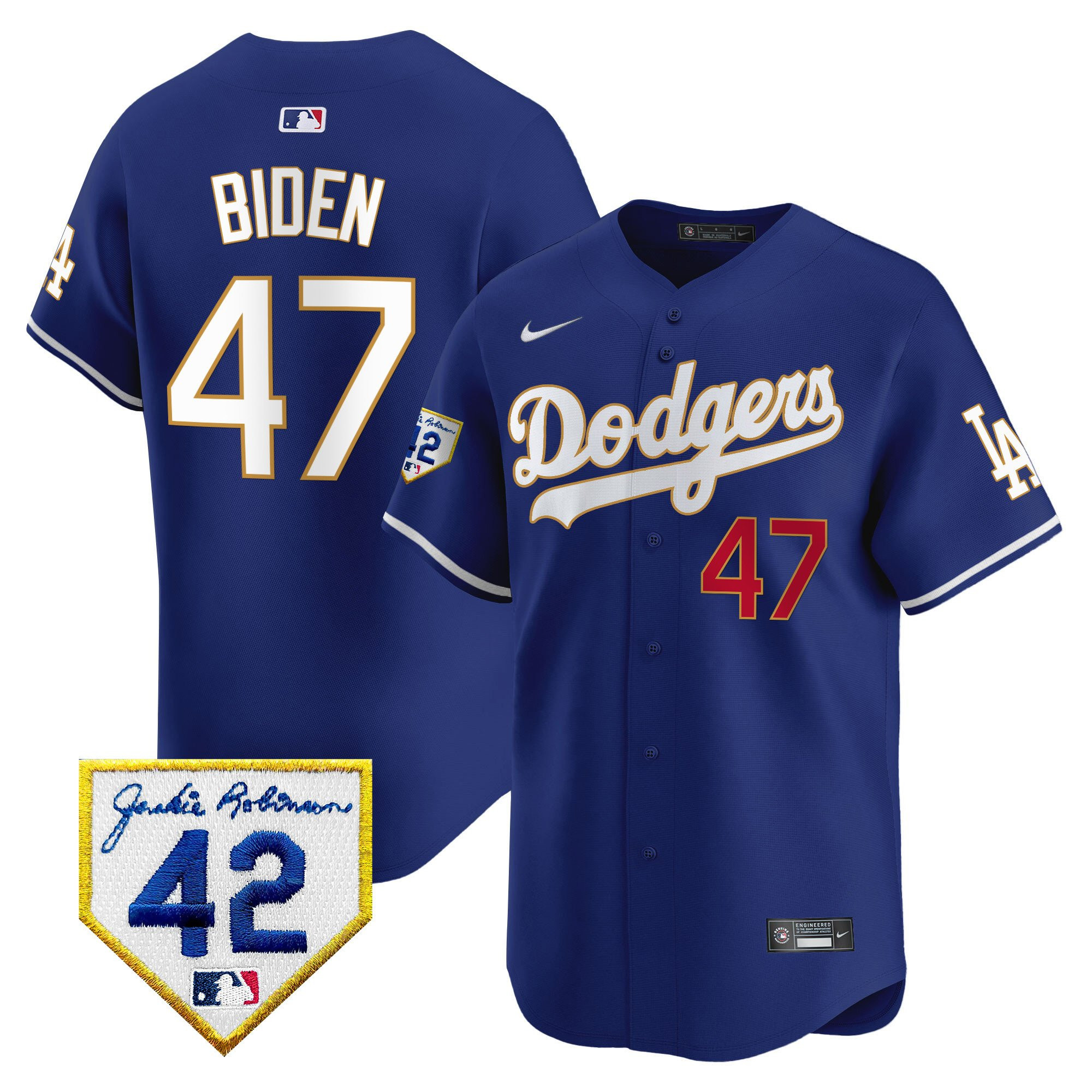 Joe Biden 47 Los Angeles Dodgers 2024 Jackie Robinson Patch Men Baseball Jersey - Royal 