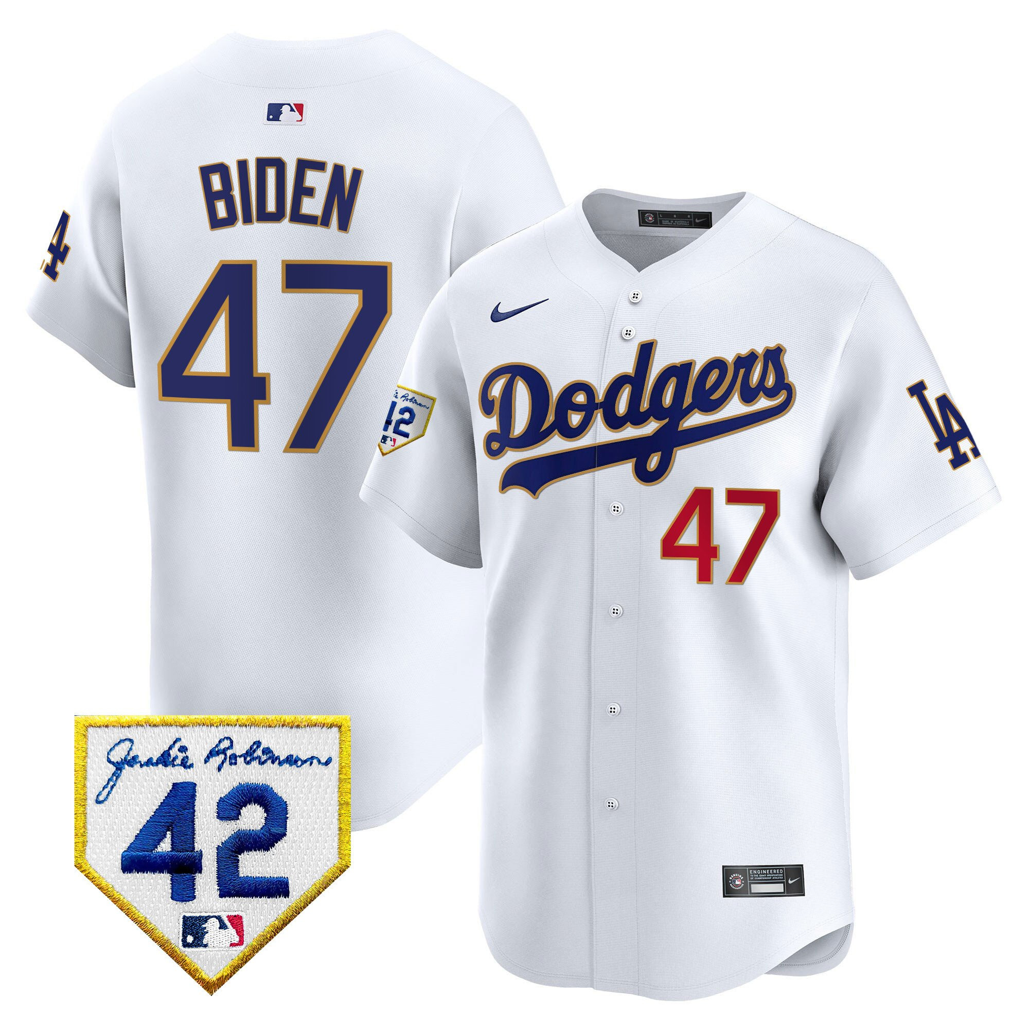 Joe Biden 47 Los Angeles Dodgers 2024 Jackie Robinson Patch Men Baseball Jersey - White 