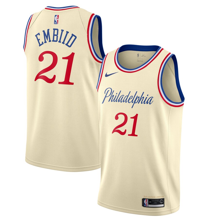 Joel Embiid Philadelphia 76ers 2019/20 Finished Swingman Basketball Jersey Cream – City Edition
