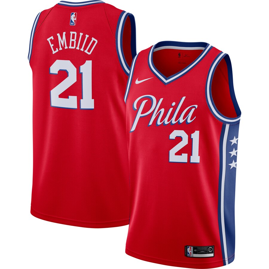 Joel Embiid Philadelphia 76ers Finished Swingman Basketball Jersey Red - Statement Edition