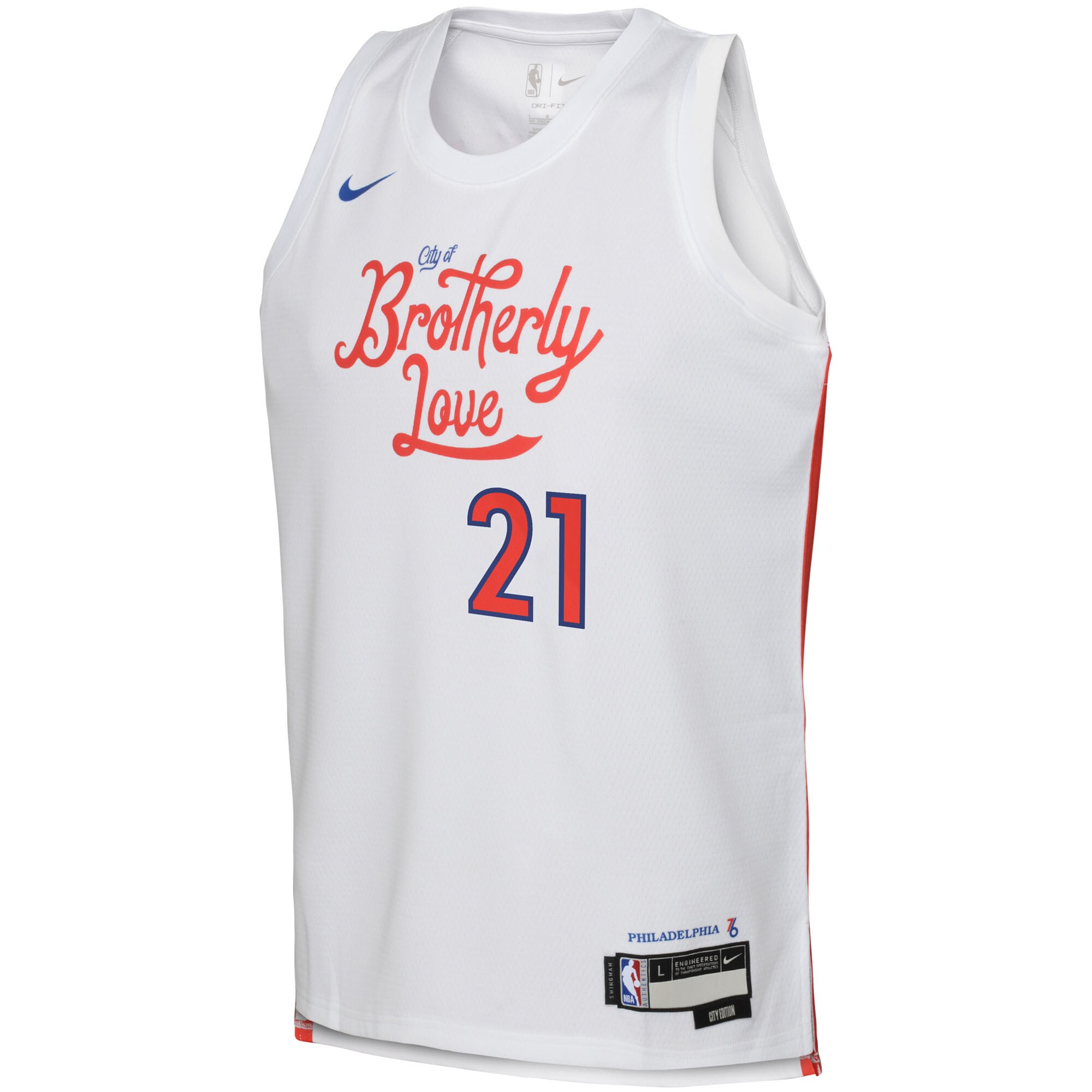 Alternative view of Joel Embiid Philadelphia 76ers Youth 2022/23 Swingman Basketball Jersey – City Edition – White