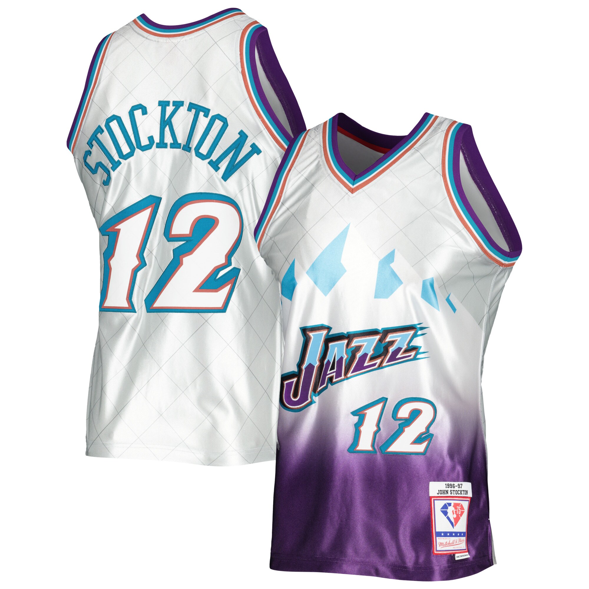 Alternative view of John Stockton Utah Jazz Mitchell & Ness 1996/97 Hardwood Classics 75th Anniversary Swingman Basketball Jersey – Platinum – Jsfangear Basketball Jersey Store