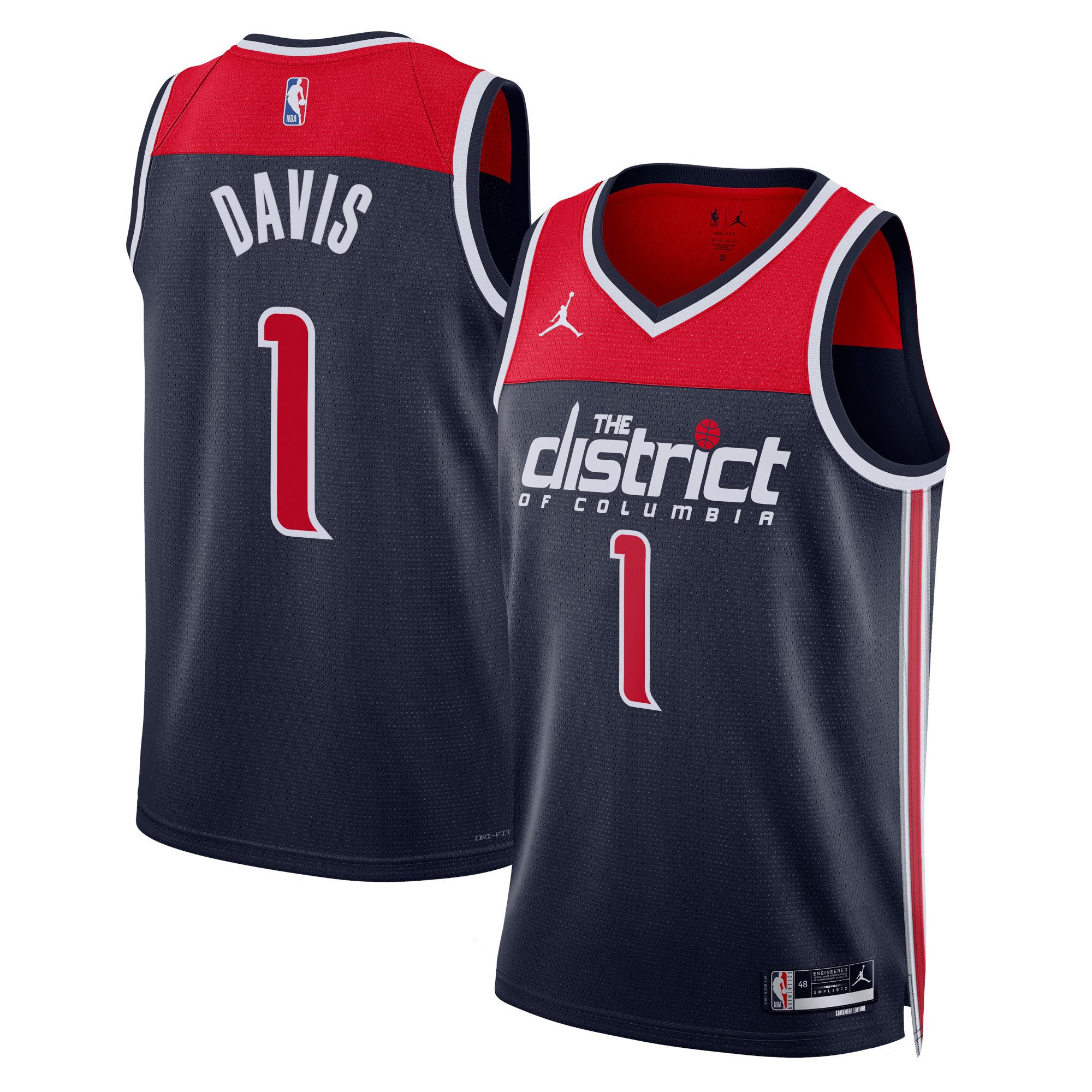 Johnny Davis 1 Washington Wizards Unisex 2024/25 Swingman Basketball Jersey - Statement Edition - Navy - JS944 