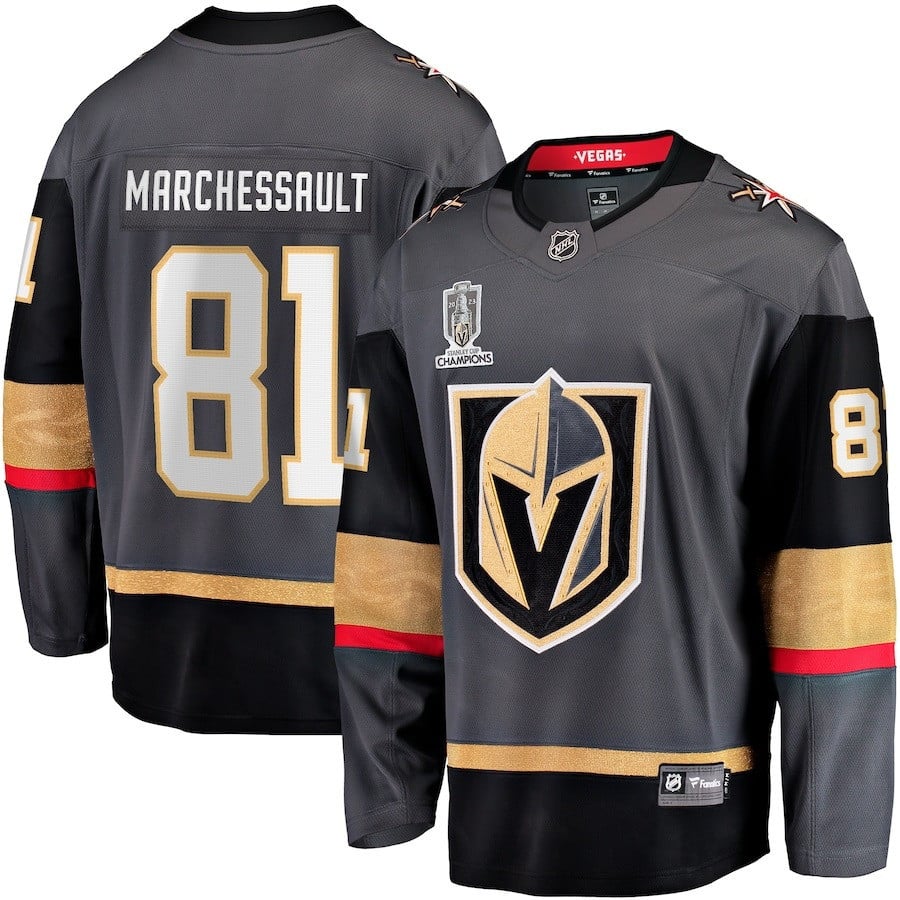 Jonathan Marchessault 81 Vegas Golden Knights 2023 Stanley Cup Champions Patch Alternate Breakaway Player Hockey Jersey - Black - JS327 