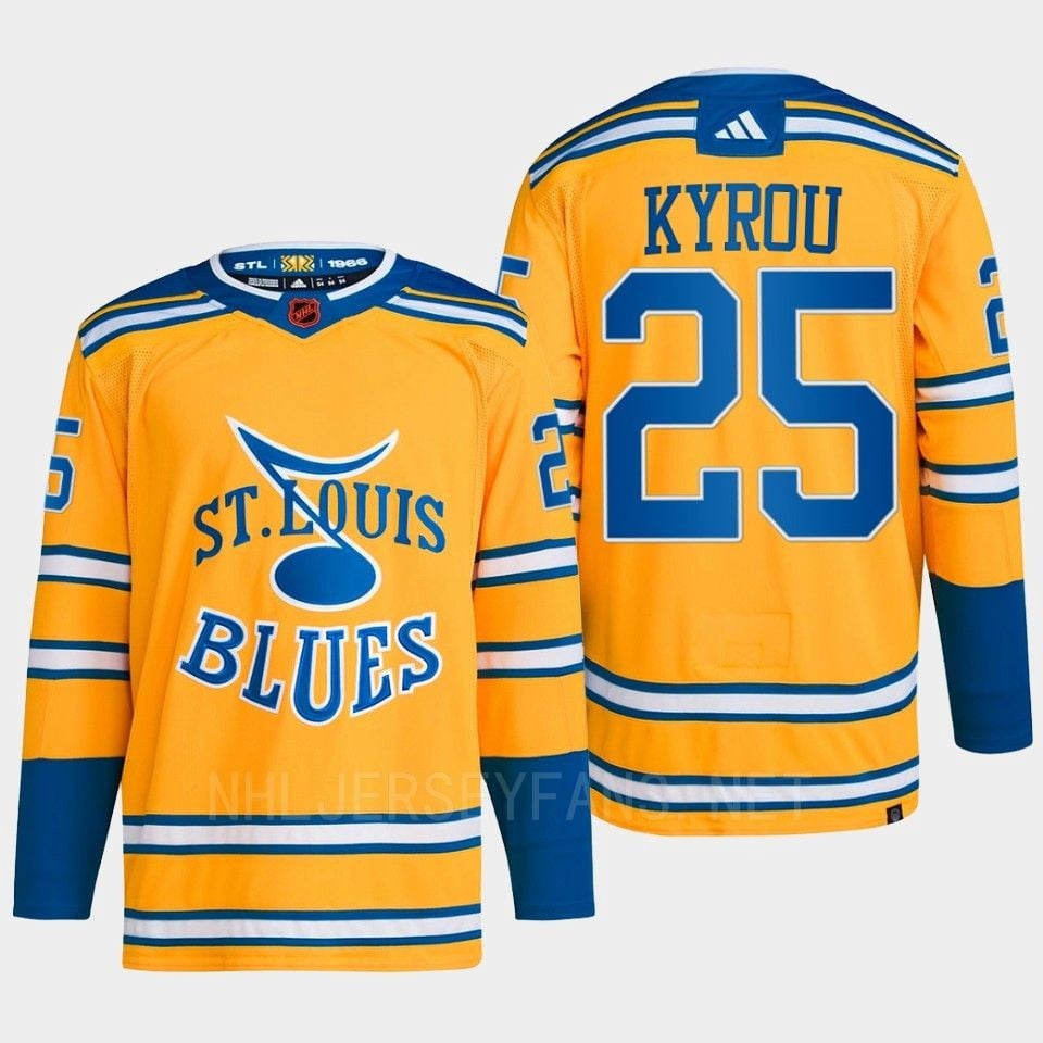 Jordan Kyrou 25 Reverse Retro 2.0 2022 St. Louis Blues Yellow Hockey Jersey Primegreen - JS610 
