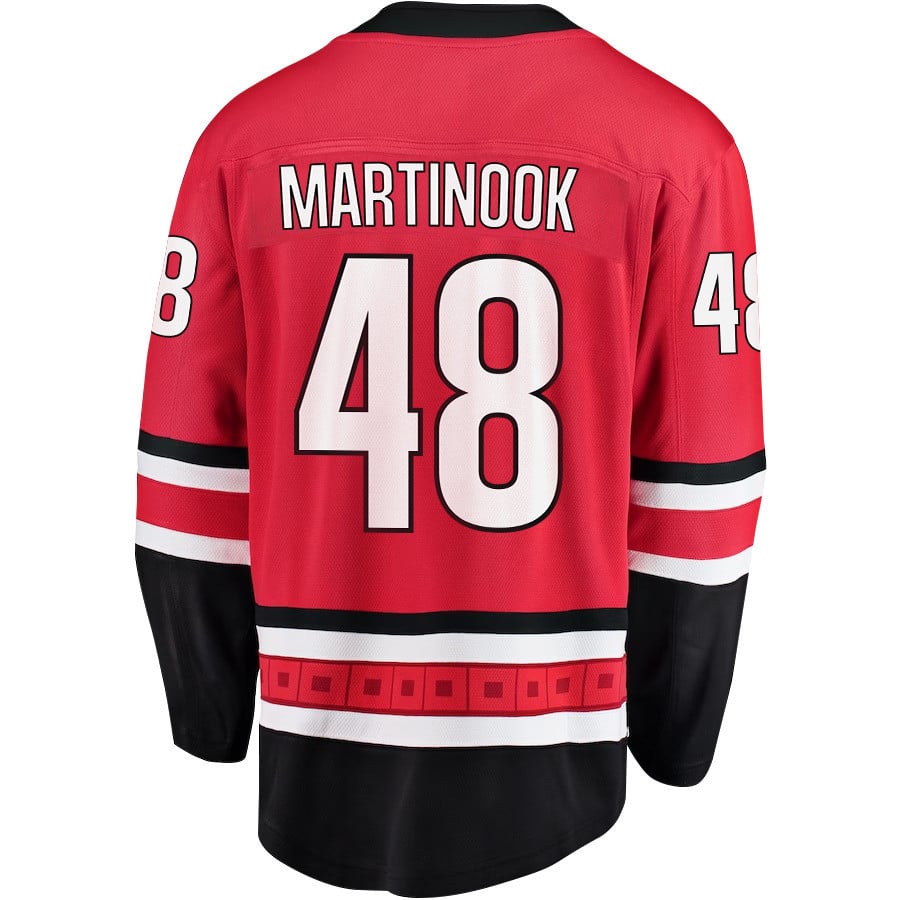 Alternative view of Jordan Martinook 48 Carolina Hurricanes Stanley Cup 2023 Playoffs Patch Home Breakaway Men Hockey Jersey - Red - JS554 