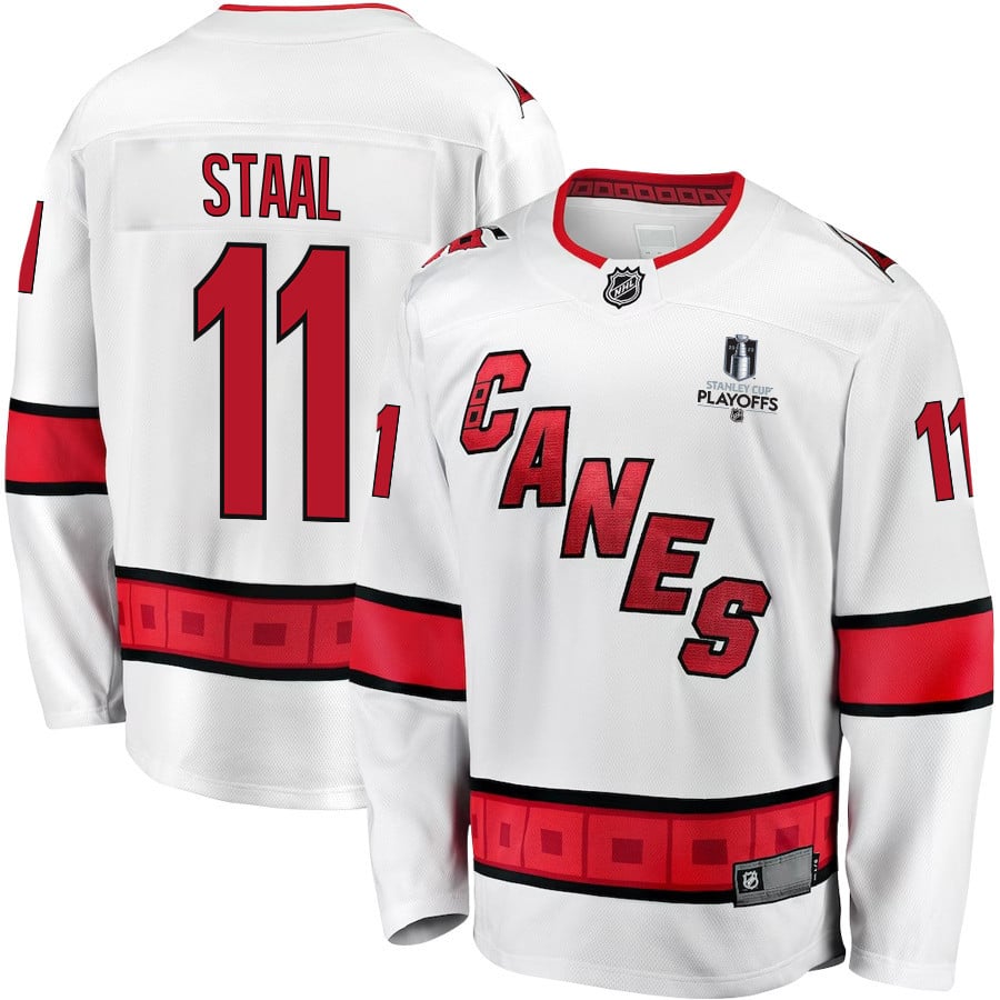 Jordan Staal 11 Carolina Hurricanes Stanley Cup 2023 Playoffs Patch Away Breakaway Men Hockey Jersey - White - JS923 