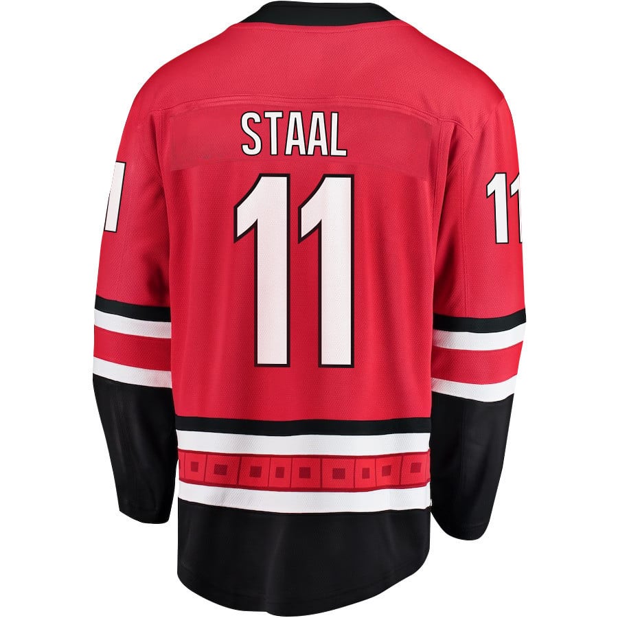 Alternative view of Jordan Staal 11 Carolina Hurricanes Stanley Cup 2023 Playoffs Patch Home Breakaway Men Hockey Jersey - Red - JS694 
