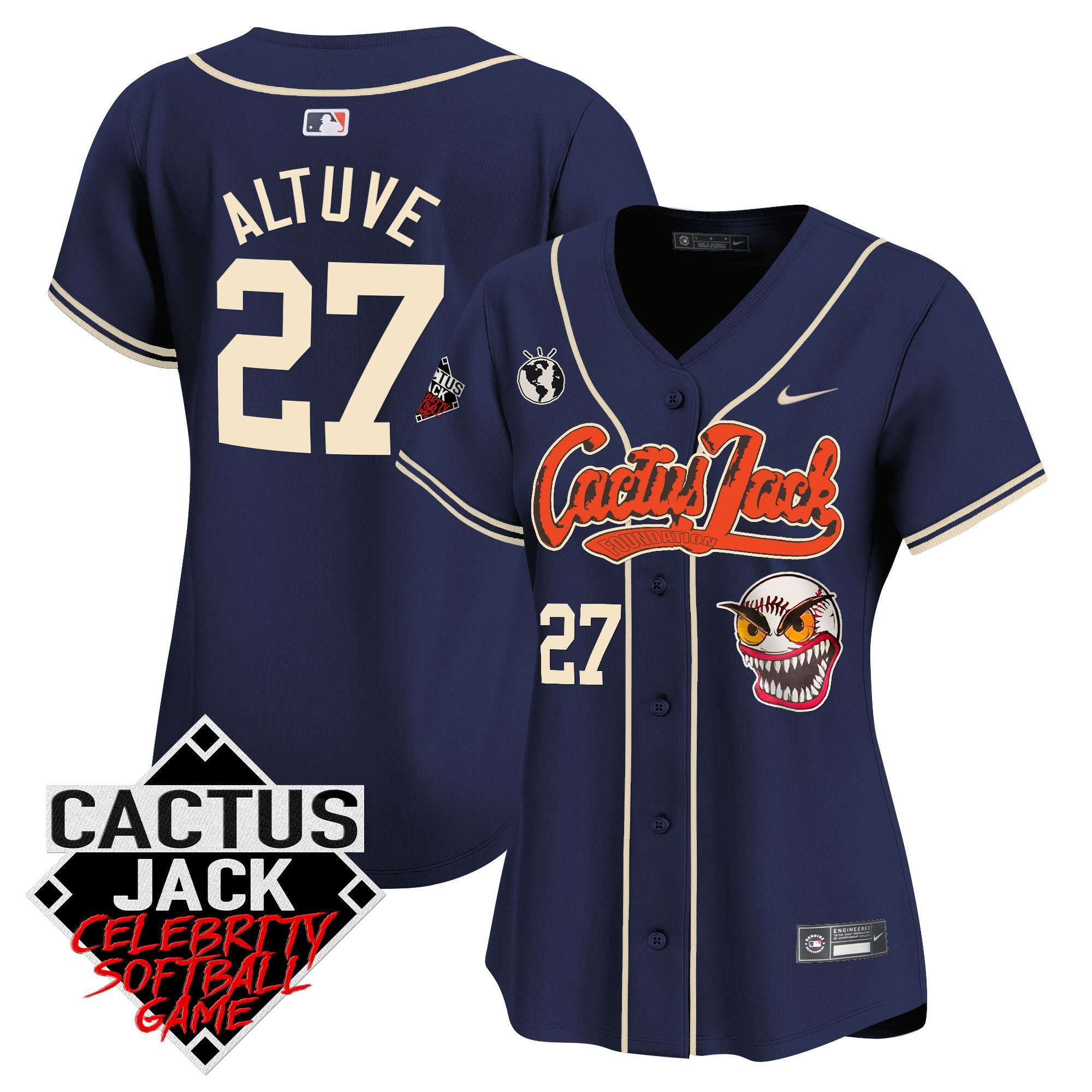 José Altuve 27 Houston Astros Cactus Jack Celebrity Softball Game Patch Women Baseball Jersey - Navy