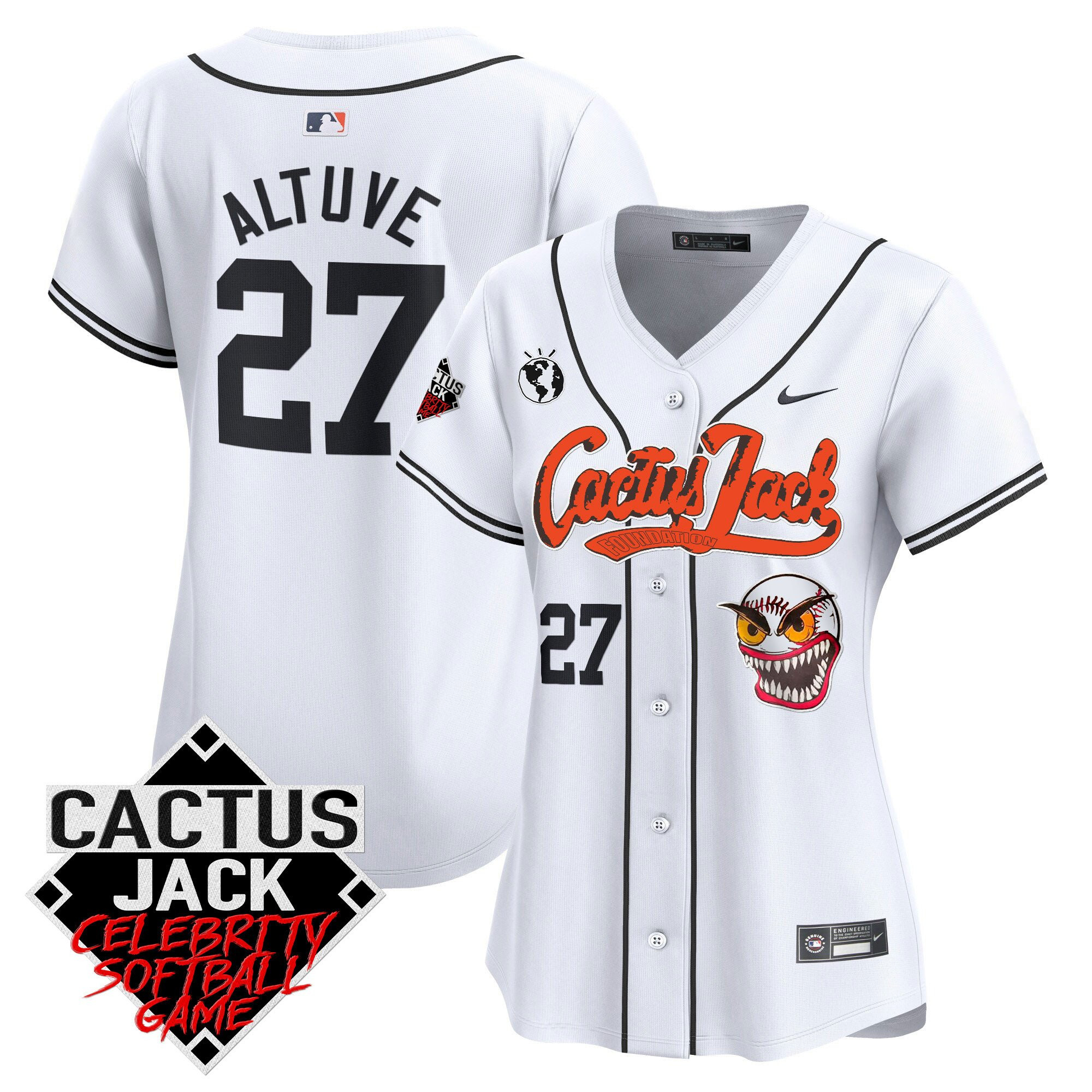 José Altuve 27 Houston Astros Cactus Jack Celebrity Softball Game Patch Women Baseball Jersey - White