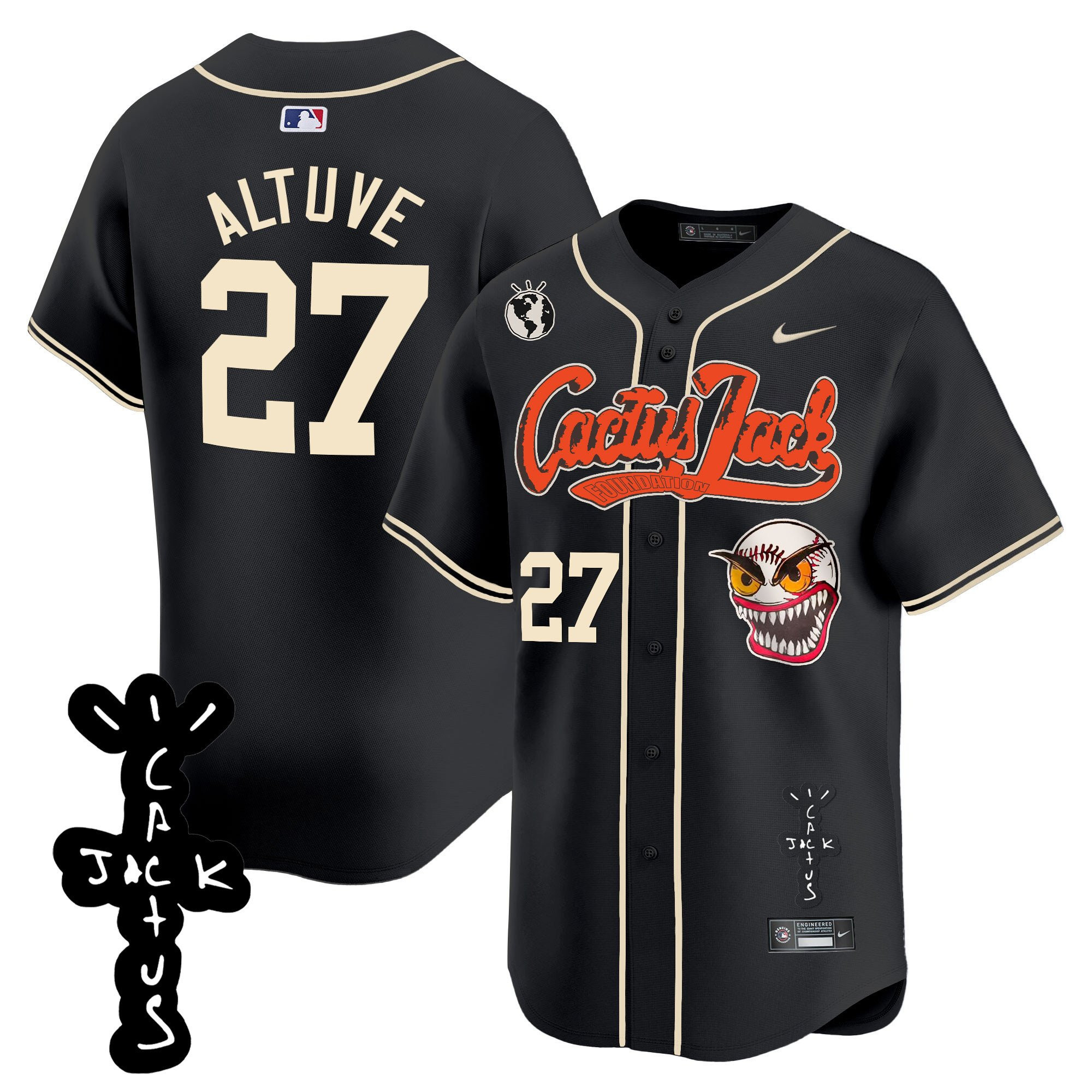 José Altuve 27 Houston Astros Cactus Jack Patch V2 Men Baseball Jersey - Black