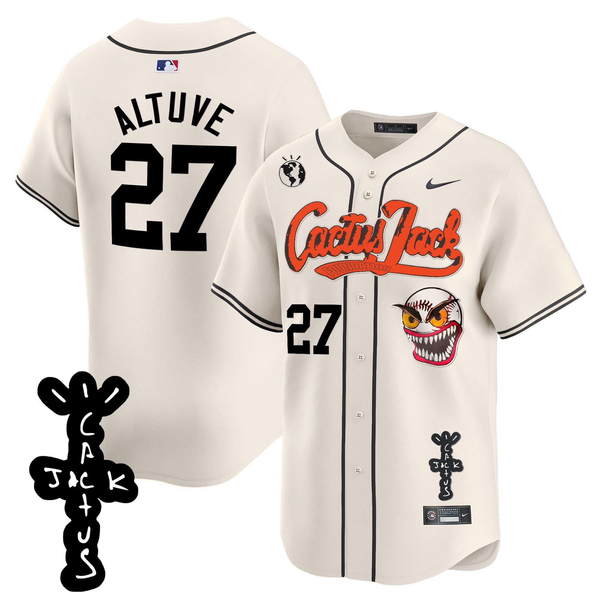 José Altuve 27 Houston Astros Cactus Jack Patch V2 Men Baseball Jersey - Cream