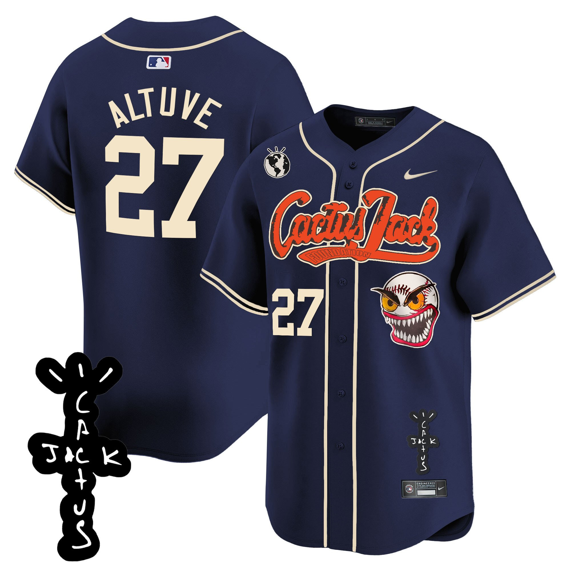José Altuve 27 Houston Astros Cactus Jack Patch V2 Men Baseball Jersey - Navy