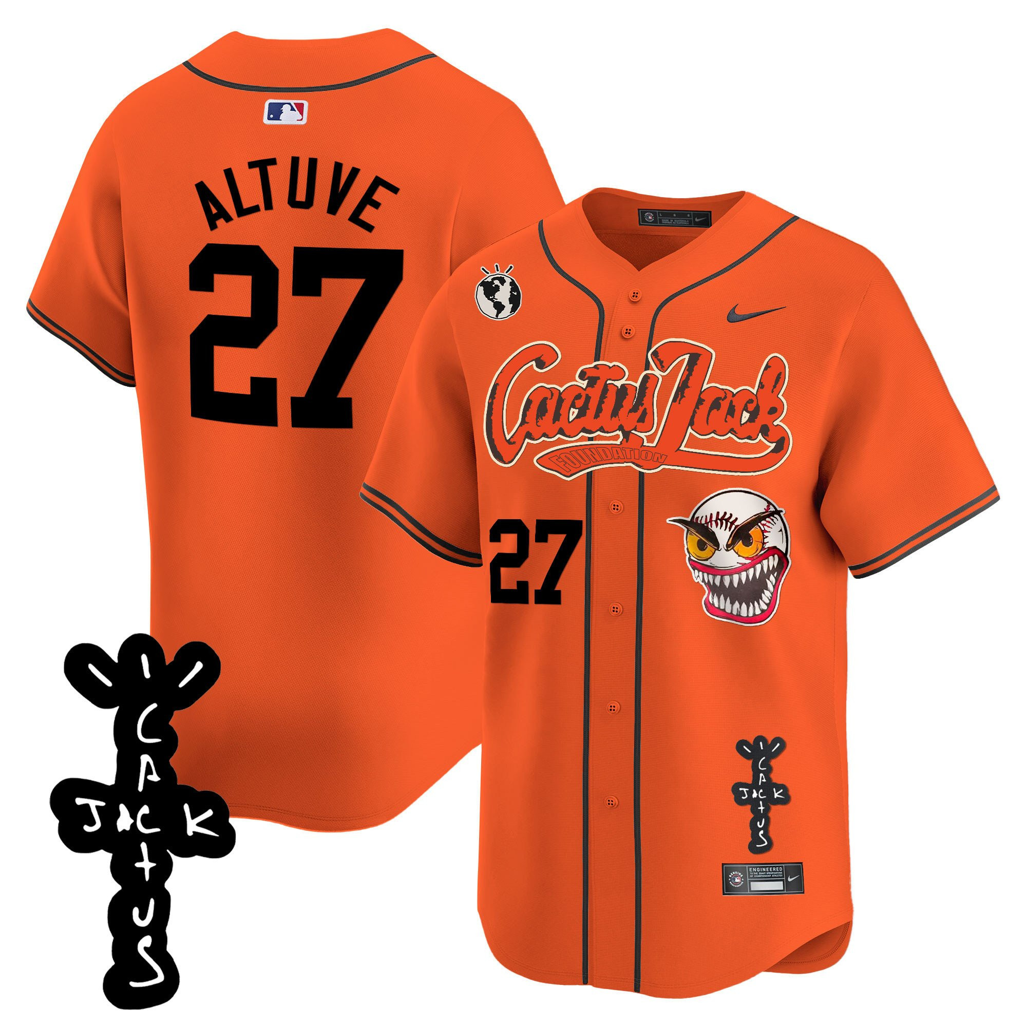 José Altuve 27 Houston Astros Cactus Jack Patch V2 Men Baseball Jersey - Orange