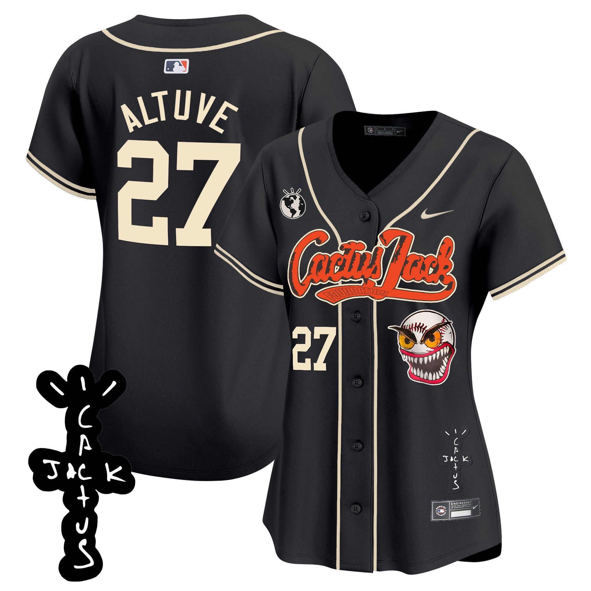 José Altuve 27 Houston Astros Cactus Jack Patch V2 Women Baseball Jersey - Black 