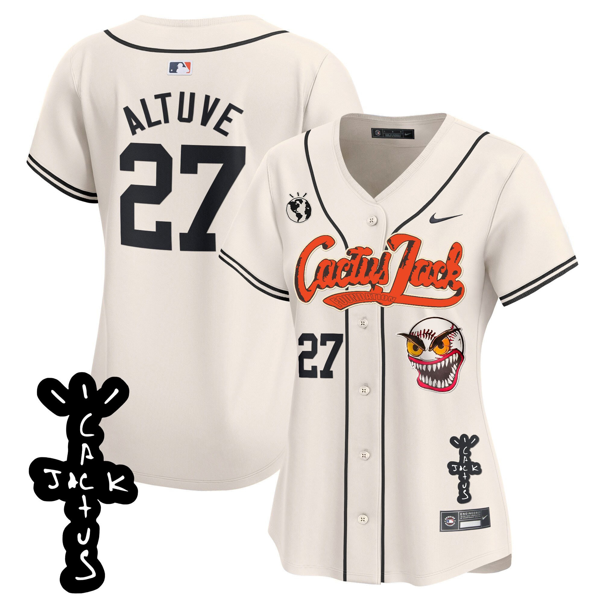 José Altuve 27 Houston Astros Cactus Jack Patch V2 Women Baseball Jersey - Cream 