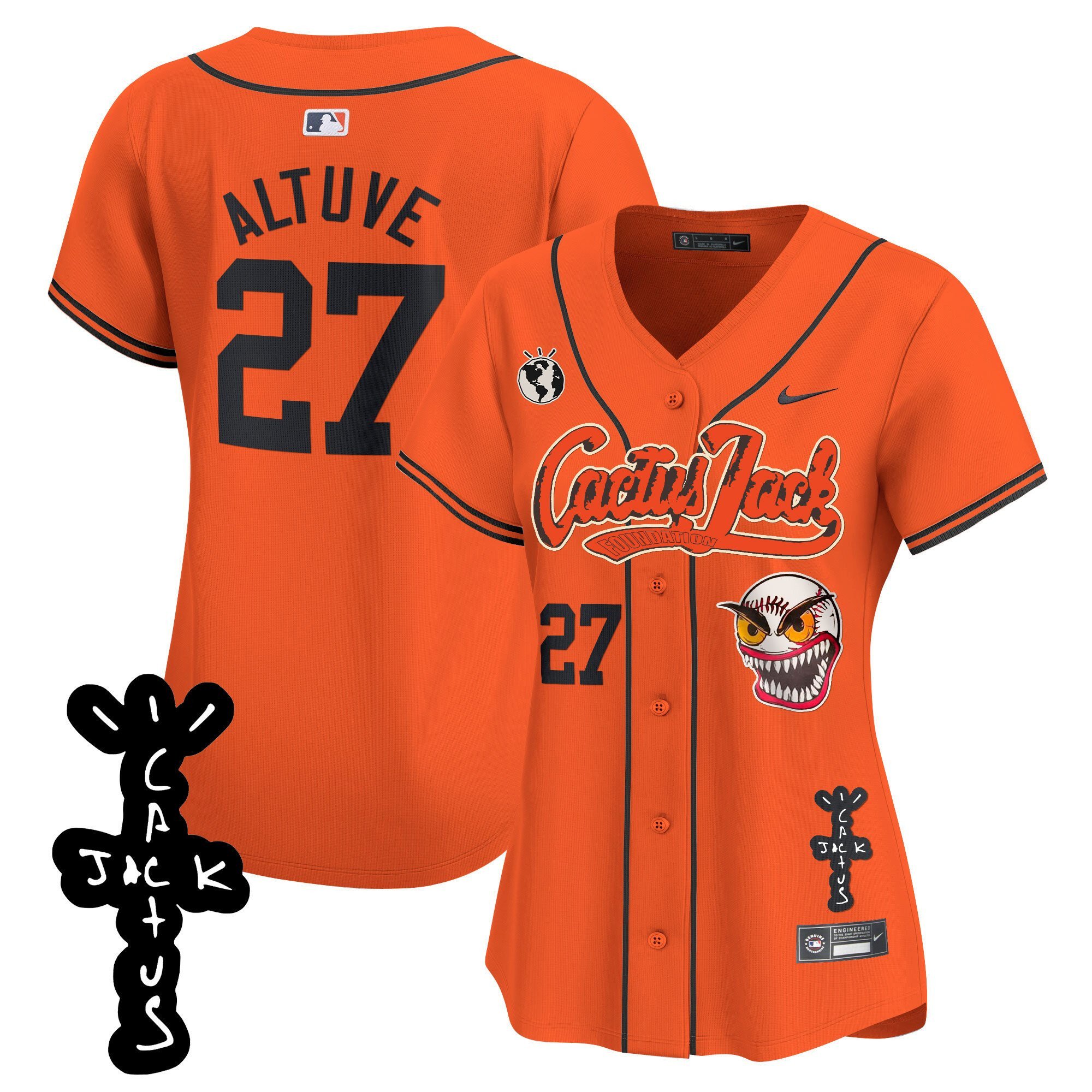 José Altuve 27 Houston Astros Cactus Jack Patch V2 Women Baseball Jersey - Orange 
