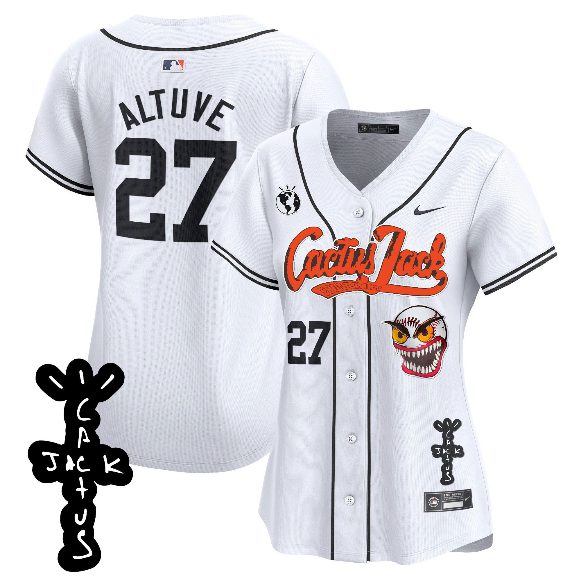 José Altuve 27 Houston Astros Cactus Jack Patch V2 Women Baseball Jersey - White 