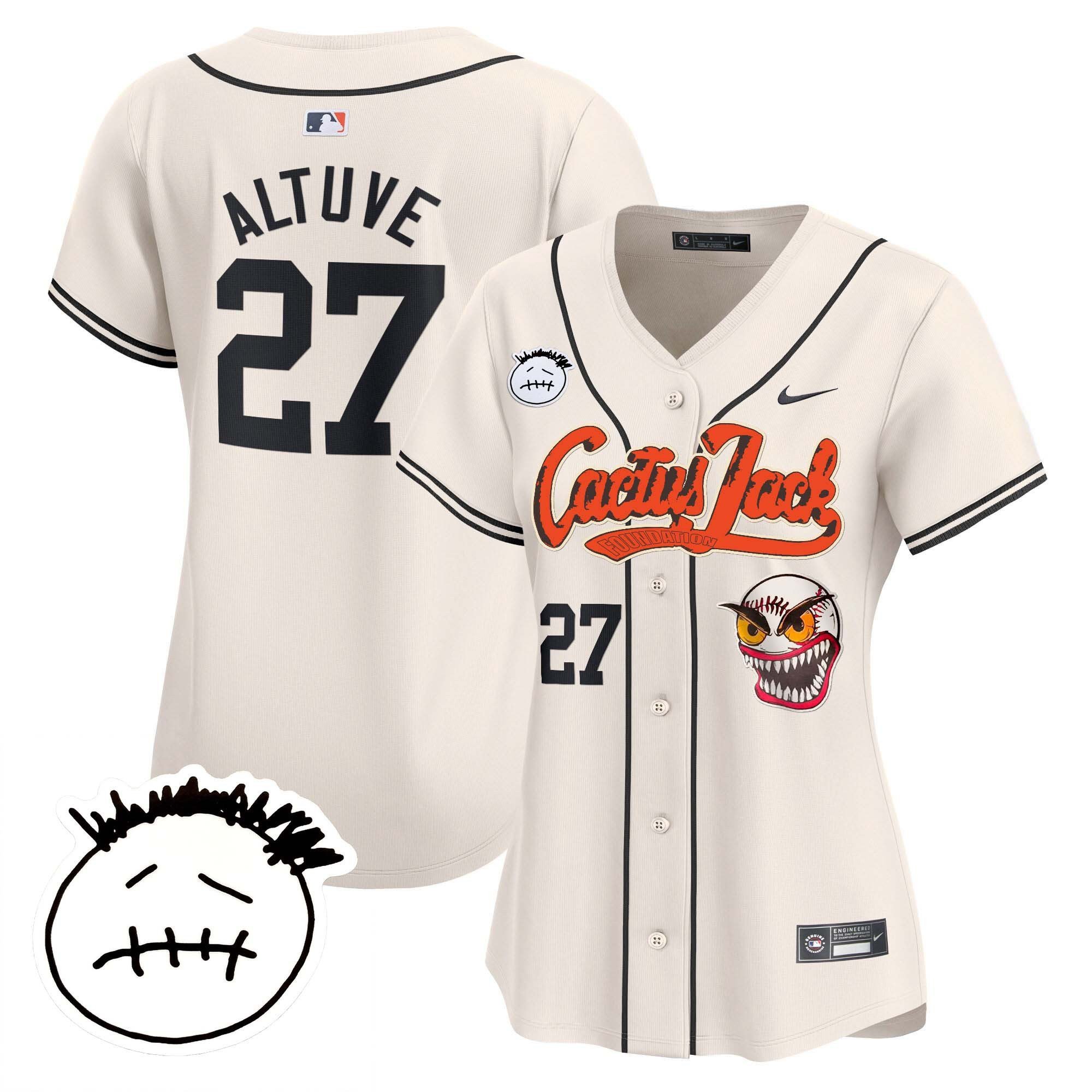 José Altuve 27 Houston Astros Cactus Jack Patch V3 Women Baseball Jersey - Cream 