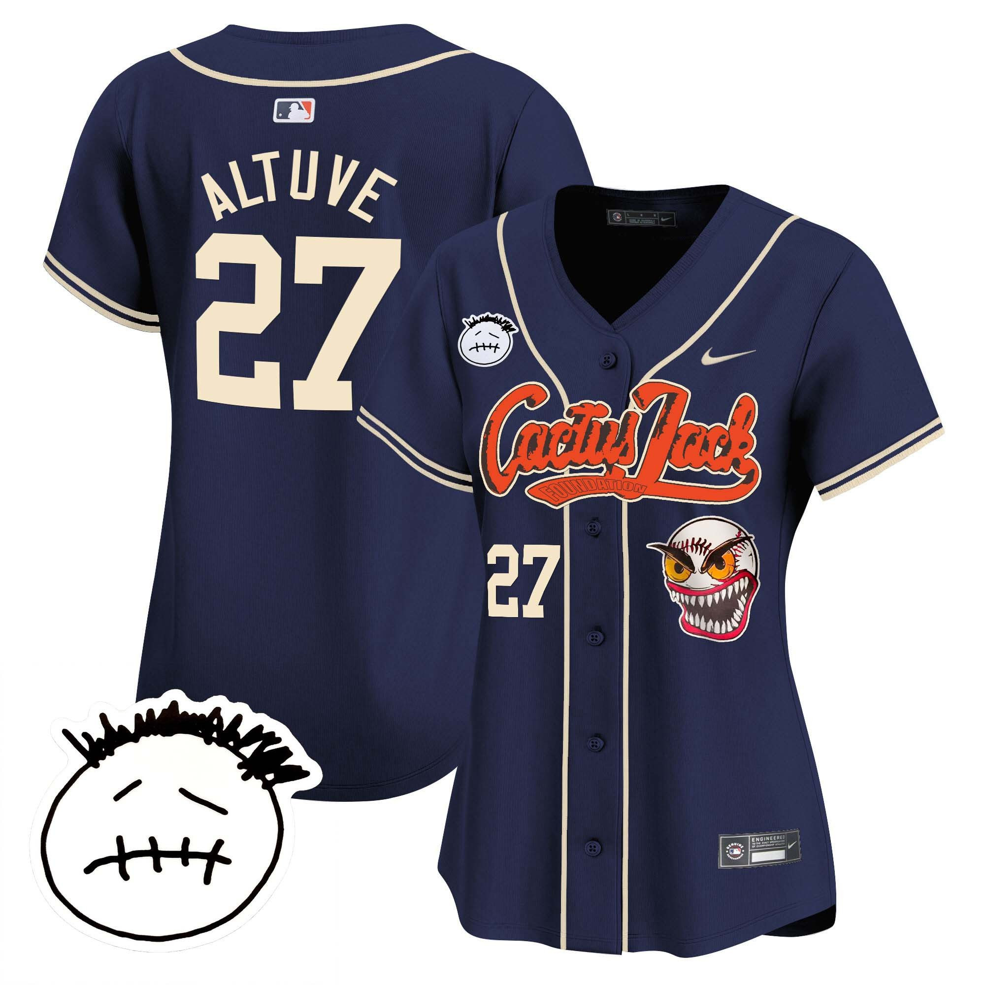 José Altuve 27 Houston Astros Cactus Jack Patch V3 Women Baseball Jersey - Navy 