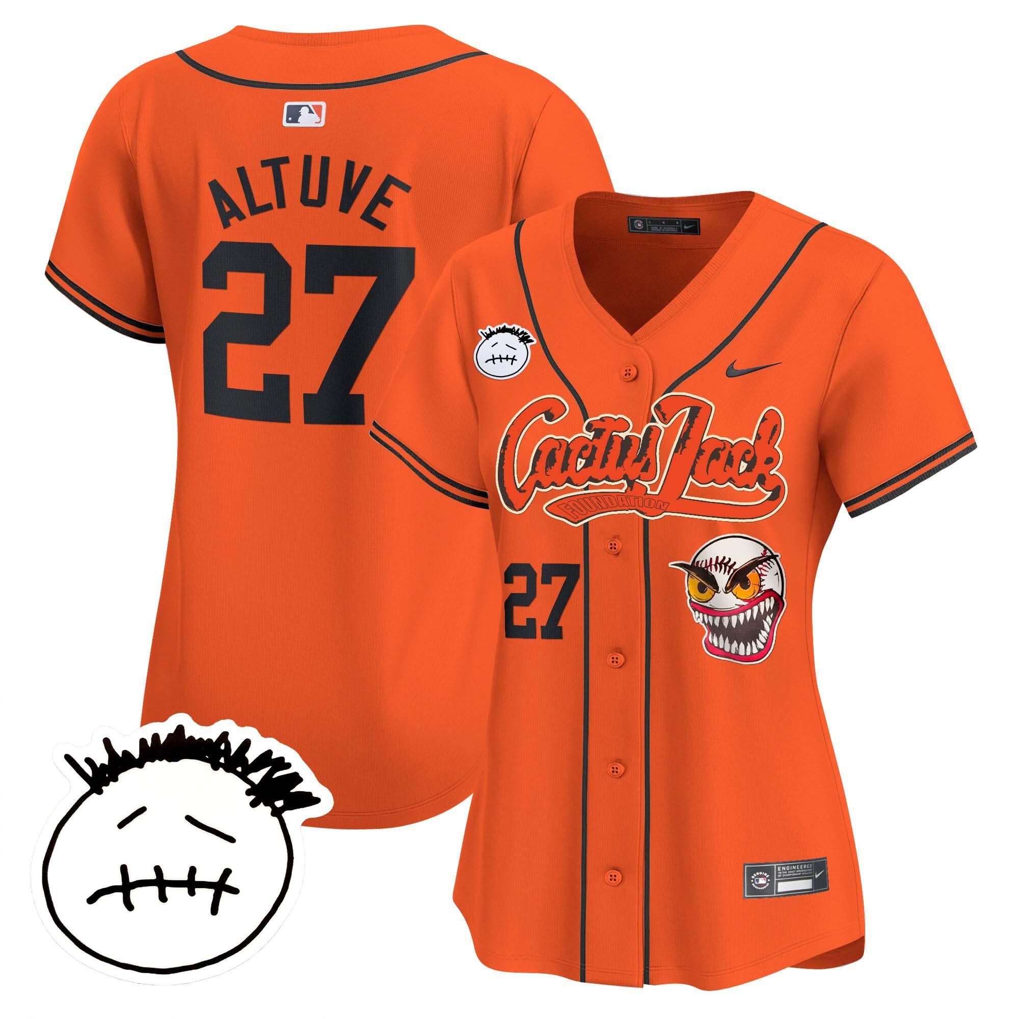 José Altuve 27 Houston Astros Cactus Jack Patch V3 Women Baseball Jersey - Orange 
