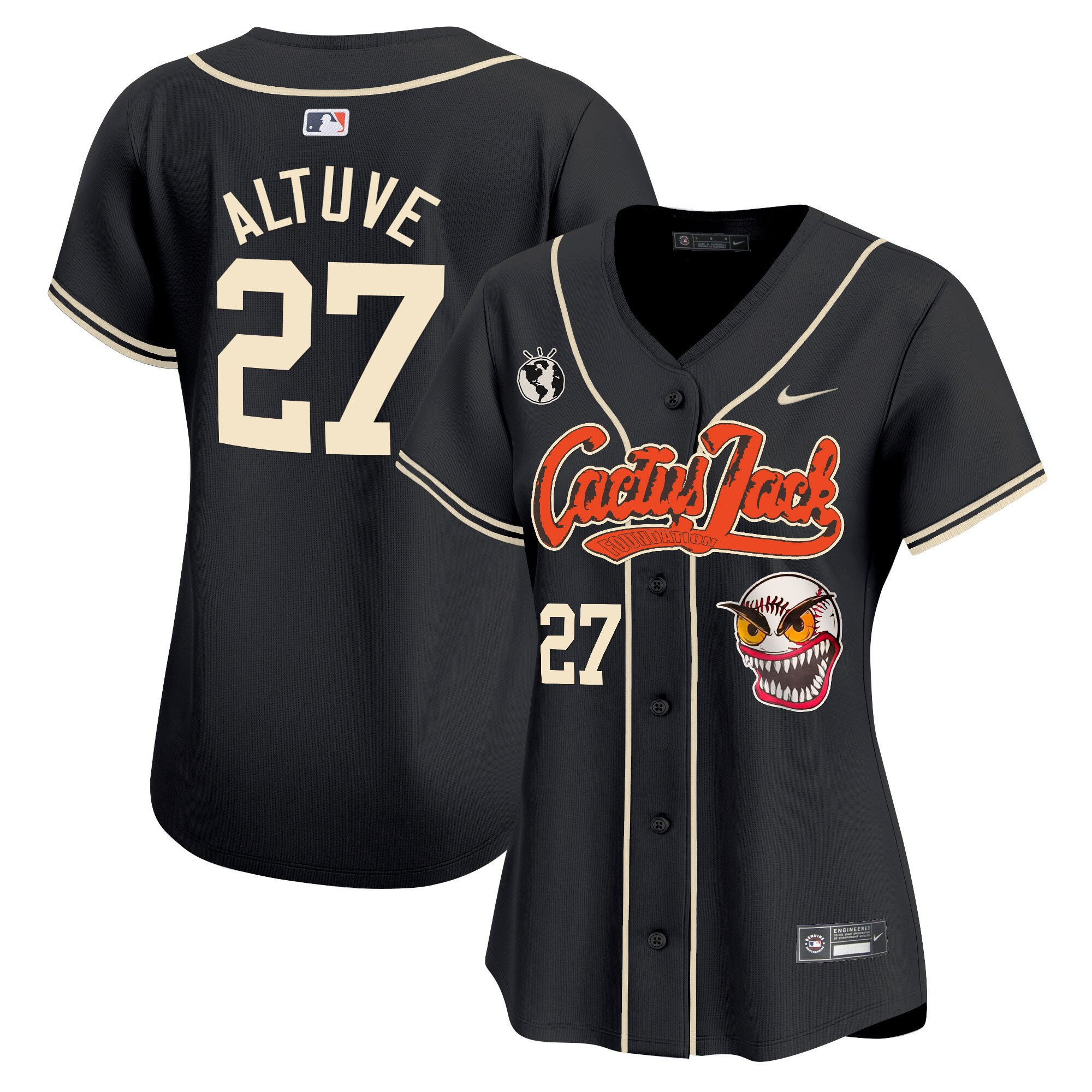 José Altuve 27 Houston Astros Cactus Jack Patch Women Baseball Jersey - Black