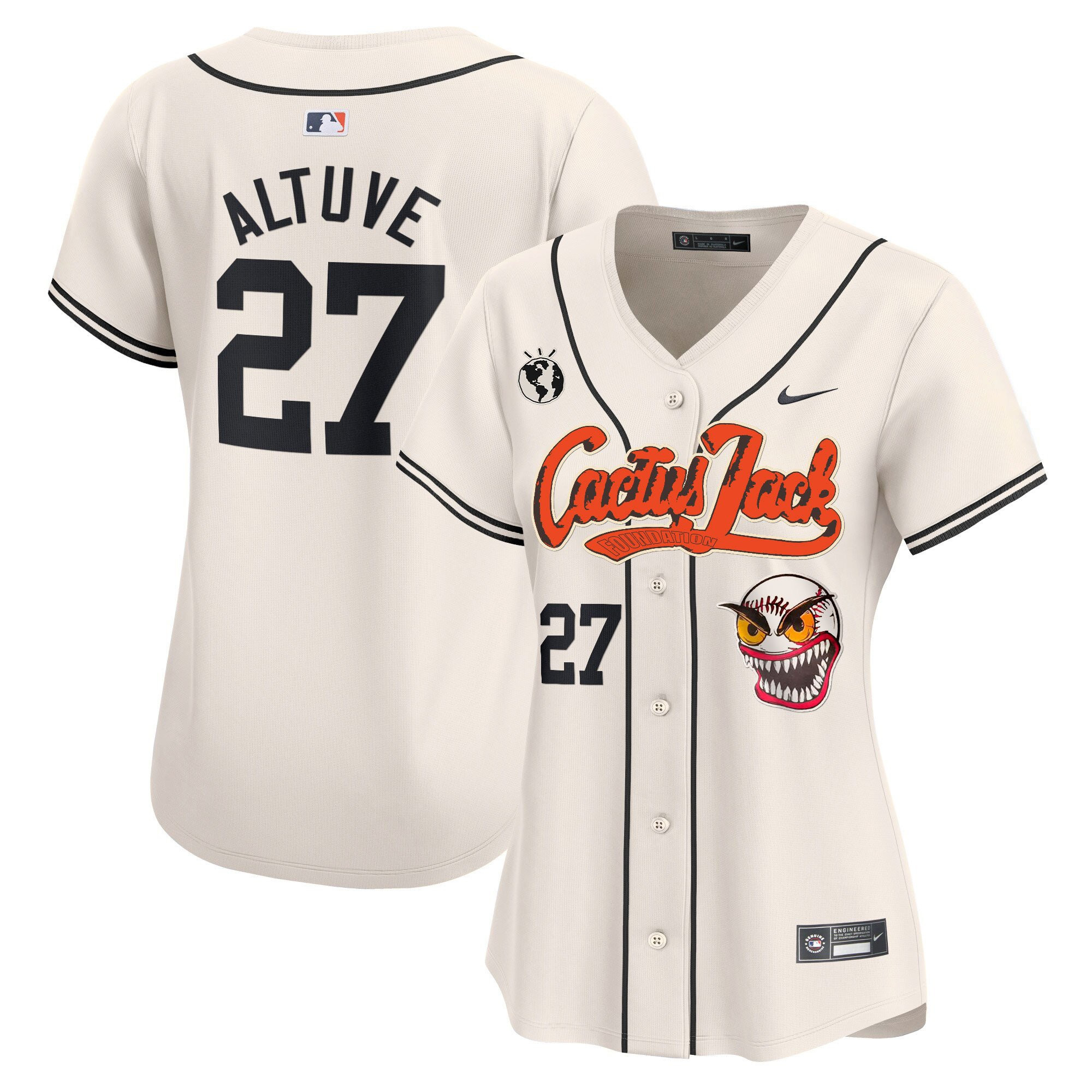 José Altuve 27 Houston Astros Cactus Jack Patch Women Baseball Jersey - Cream