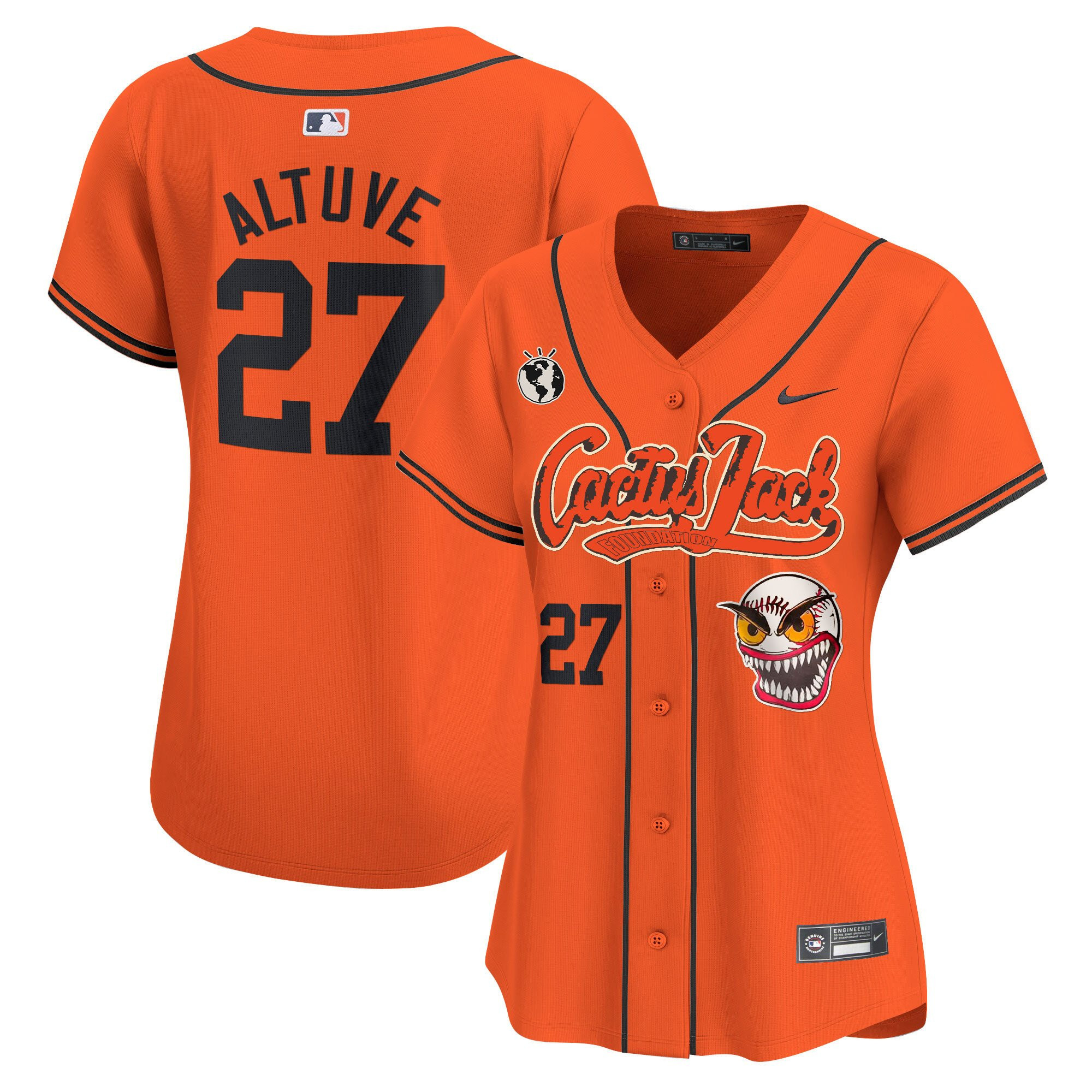 José Altuve 27 Houston Astros Cactus Jack Patch Women Baseball Jersey - Orange