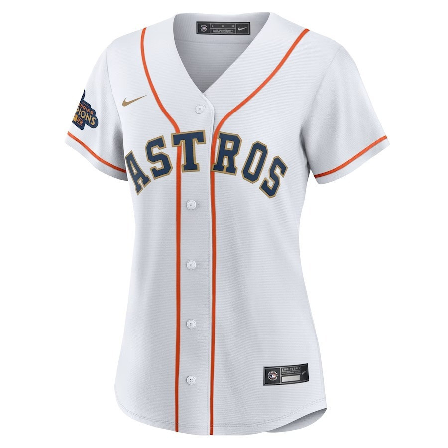 Alternative view of Jose Altuve 27 Houston Astros 2023 Gold Collection Women Baseball Jersey - White/Gold