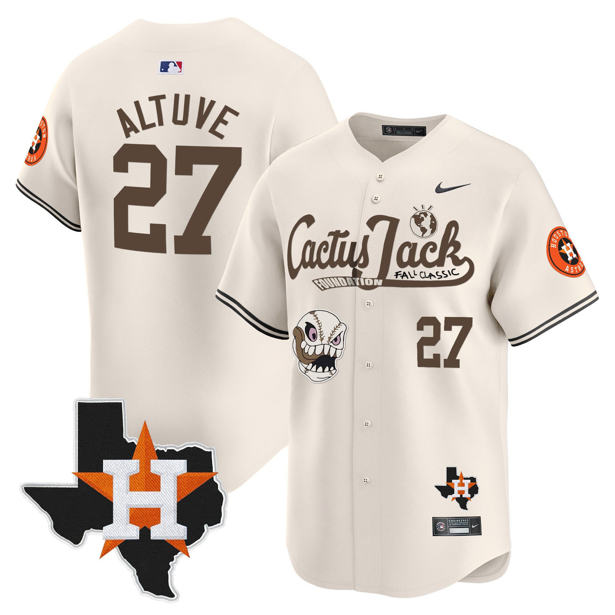 Jose Altuve 27 Houston Astros Cactus Jack Foundation Fall Classic Limited Baseball Jersey - Men, Cream 