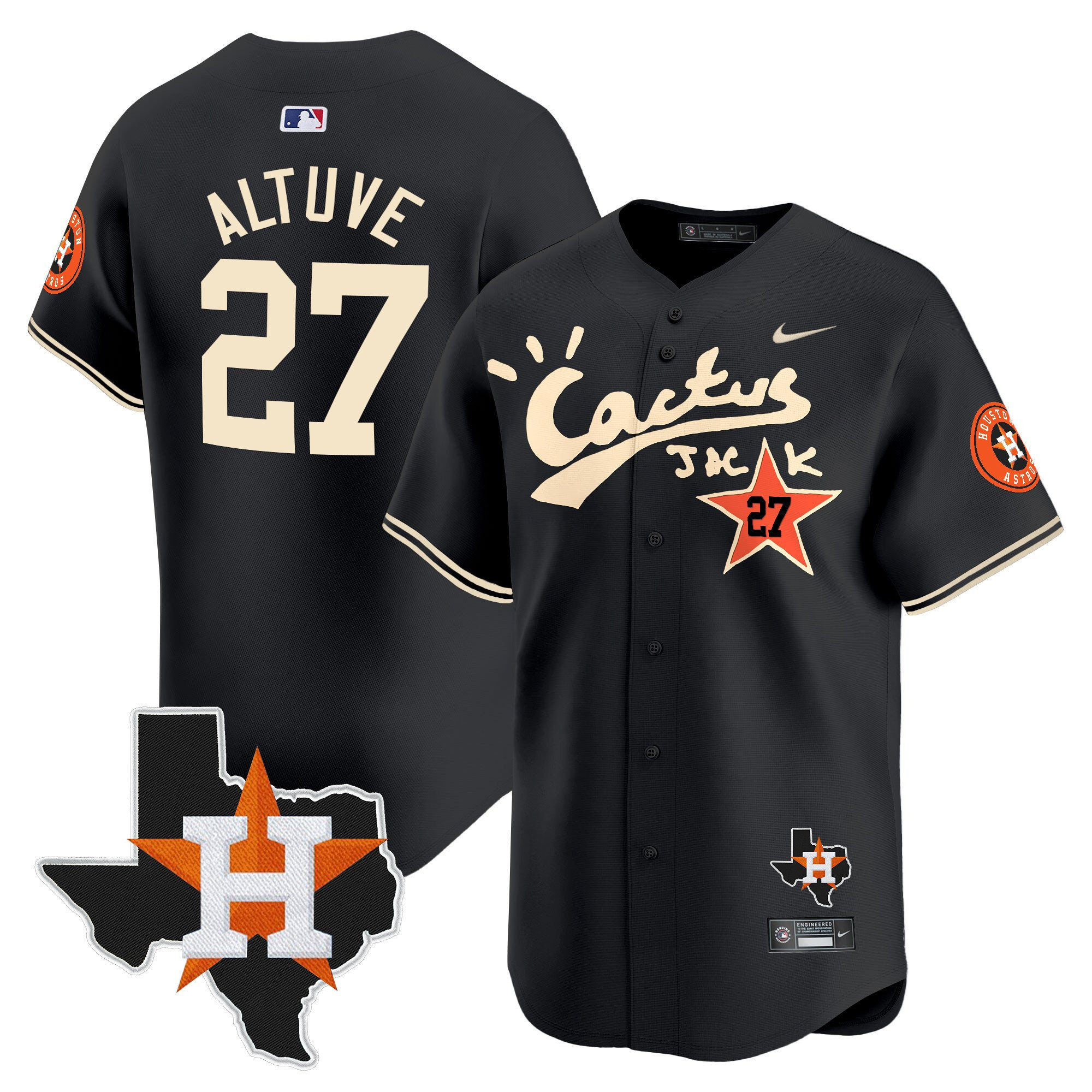 Jose Altuve 27 Houston Astros Cactus Jack Houston Patch Limited Baseball Jersey - Men, Black 