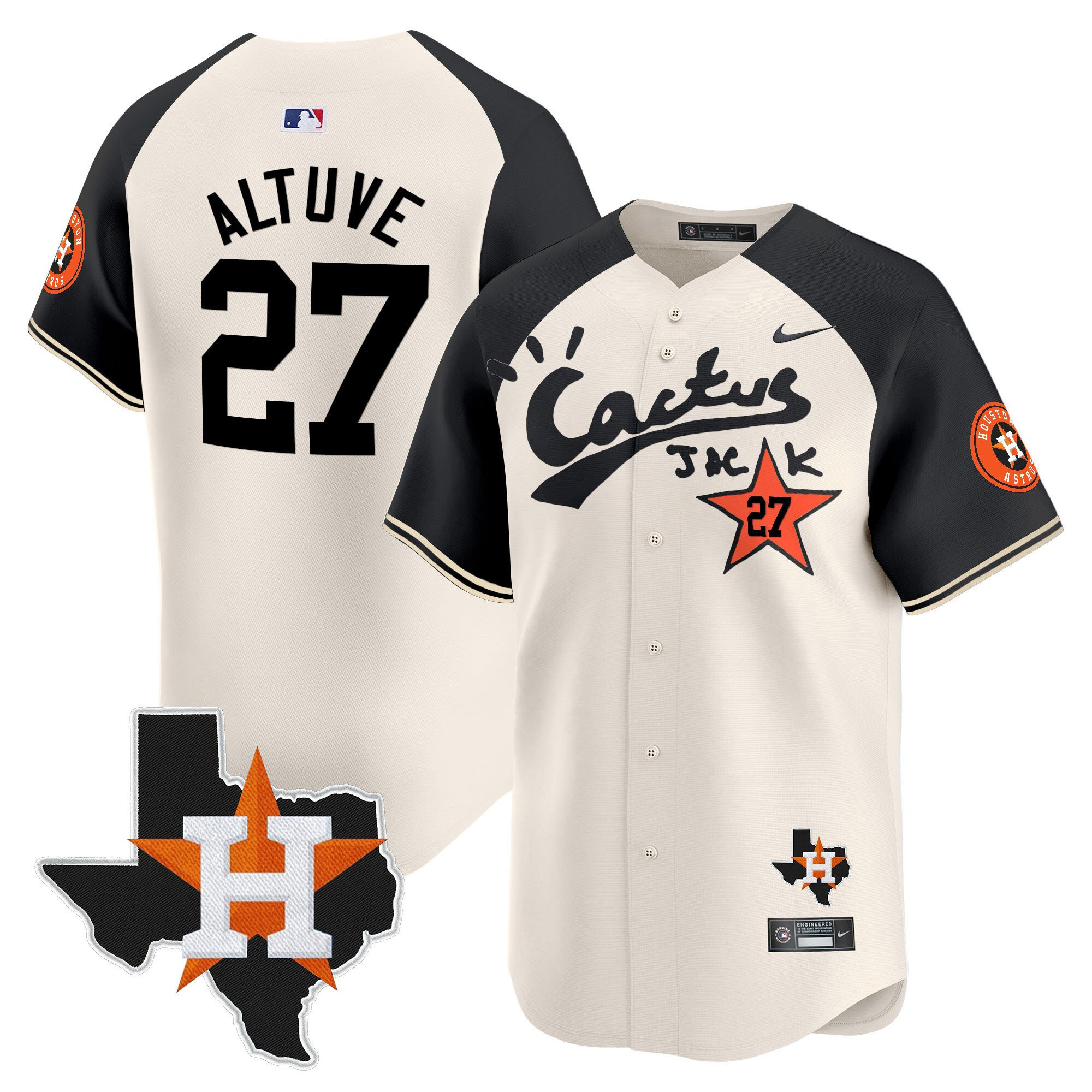 Jose Altuve 27 Houston Astros Cactus Jack Houston Patch Limited Baseball Jersey - Men, Cream Alternate 