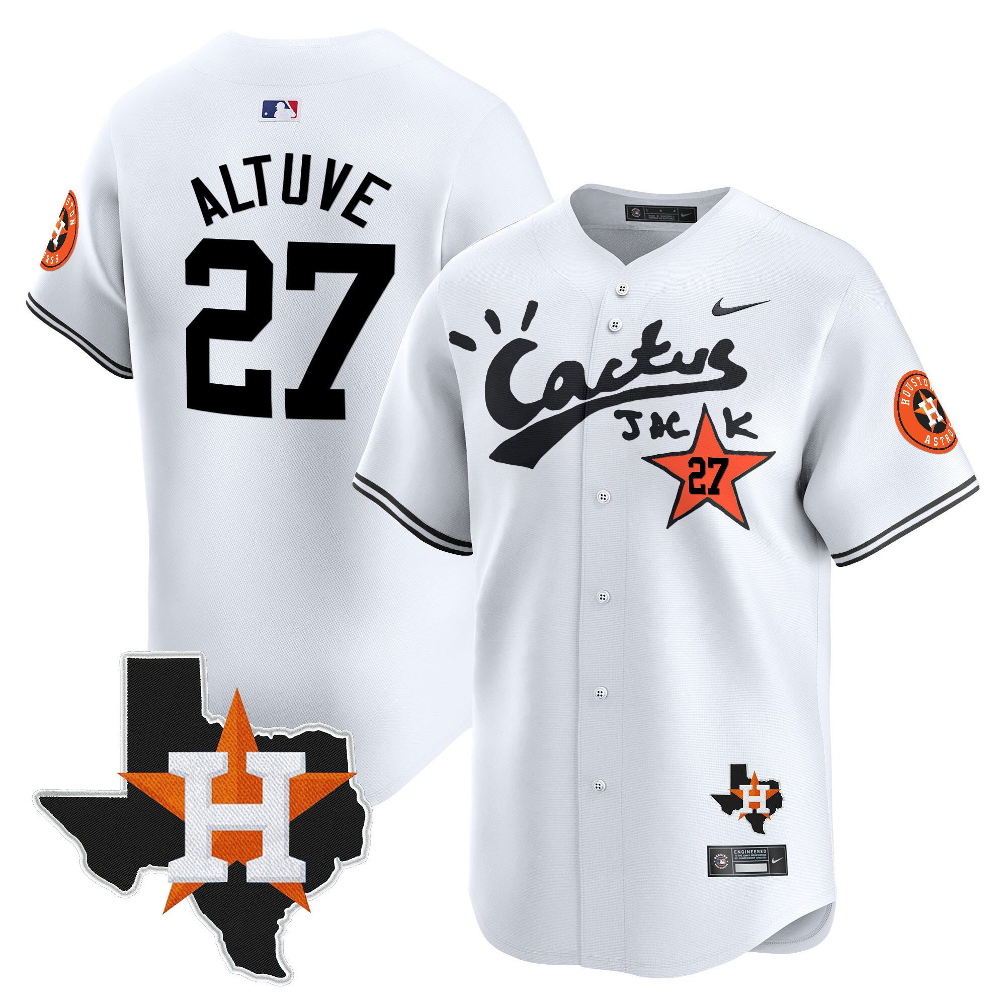 Jose Altuve 27 Houston Astros Cactus Jack Houston Patch Limited Baseball Jersey - Men, White 