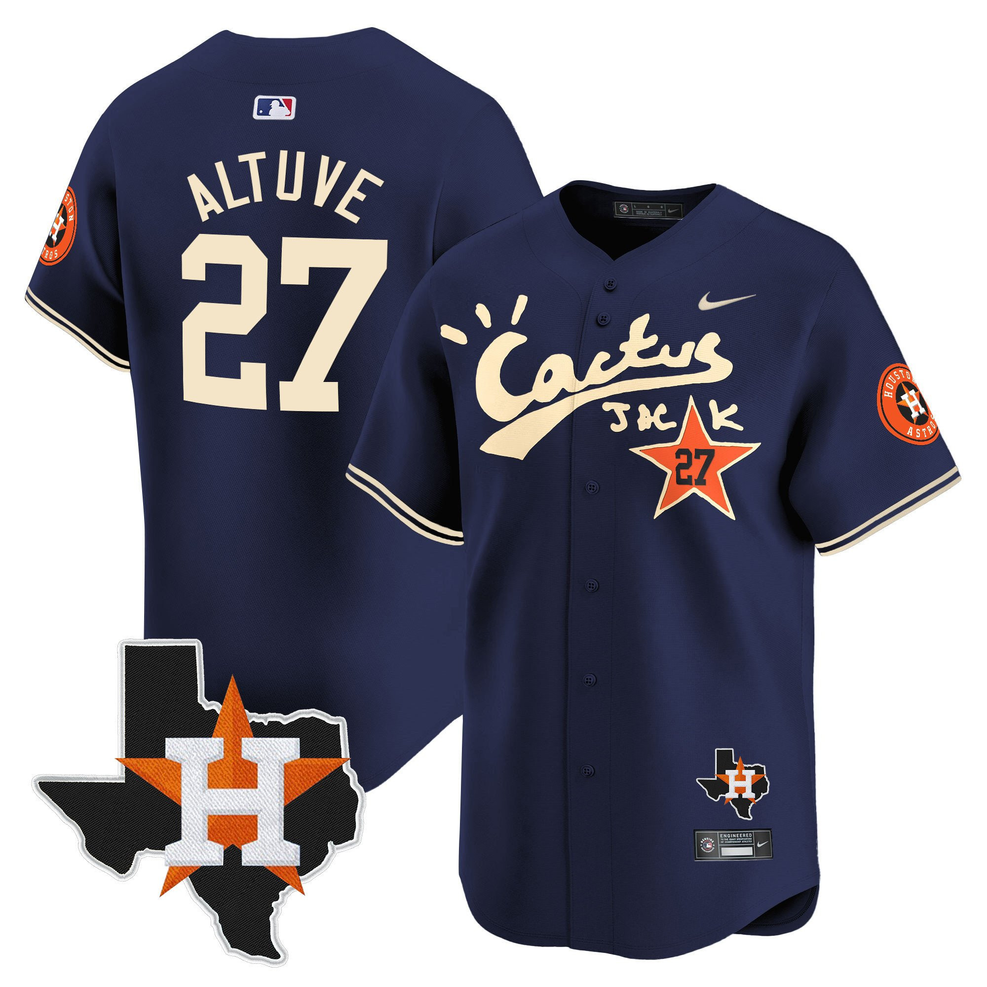 Jose Altuve 27 Houston Astros Cactus Jack Houston Patch Navy Limited Baseball Jersey - Men 