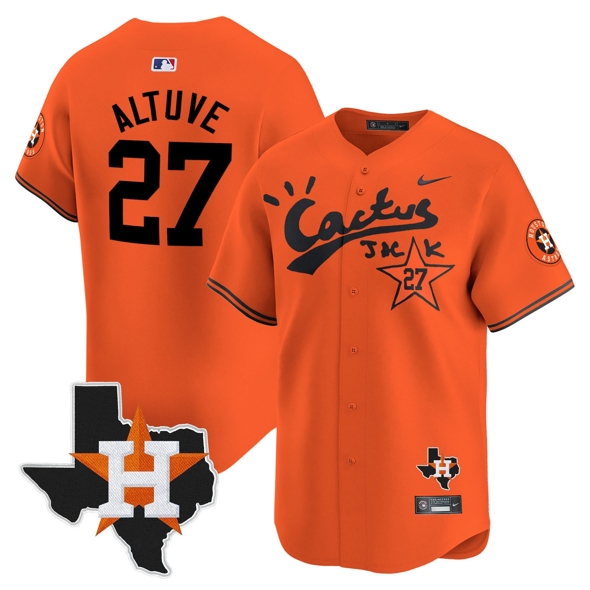 Jose Altuve 27 Houston Astros Cactus Jack Houston Patch Orange Limited Baseball Jersey - Men 