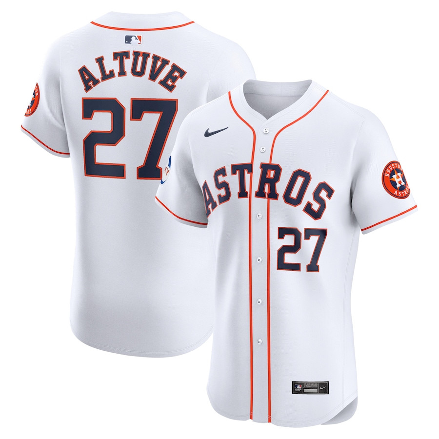 Jose Altuve 27 Houston Astros Home Elite Sponsor Patch Player Men Baseball Jersey - White 