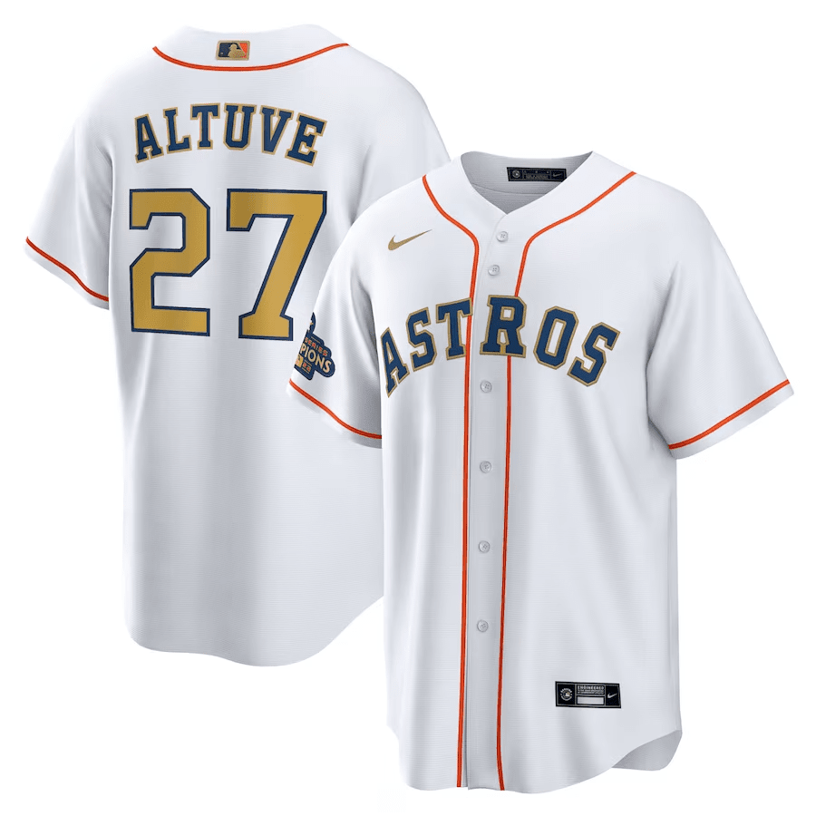 Jose Altuve 27 Houston Astros White/Gold 2023 Gold Collection Men Baseball Jersey